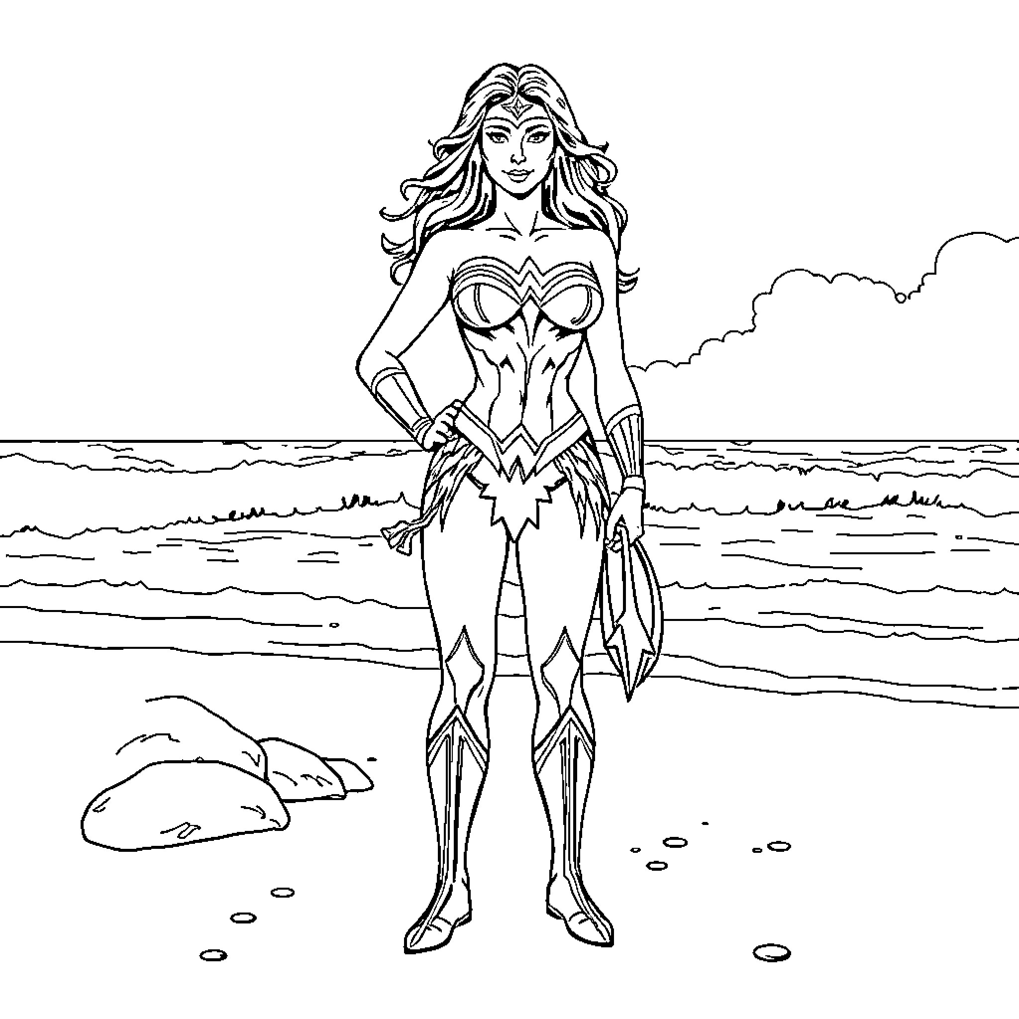 Wonder Woman on the beach with her iconic costume Coloring Page (free black-and-white line drawing printable PDF for all, from beginners to advanced learners, including children, teens, adults, and seniors)