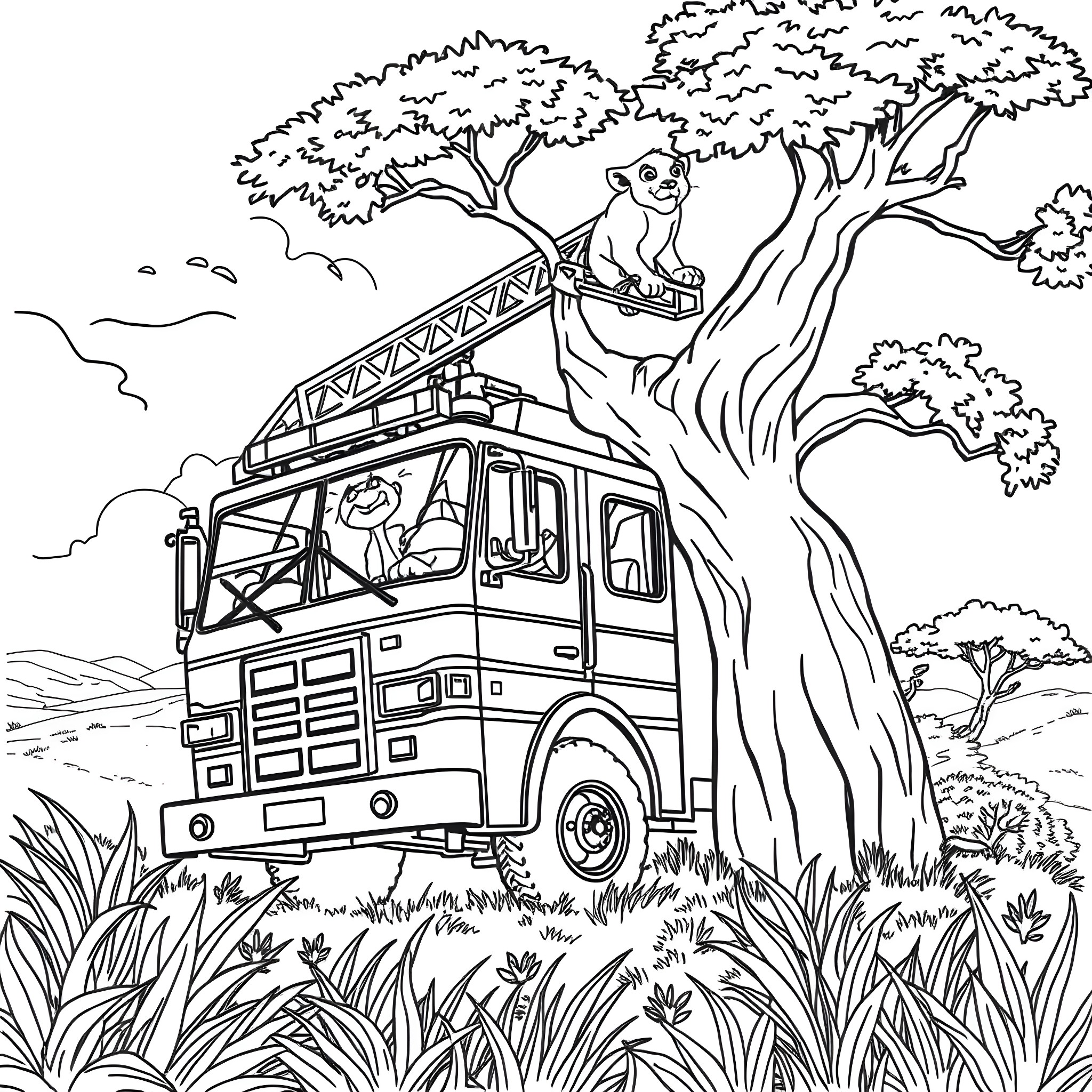 Firetruck exploring the wilderness with animals Coloring Page (free black-and-white line drawing printable PDF for all, from beginners to advanced learners, including children, teens, adults, and seniors)
