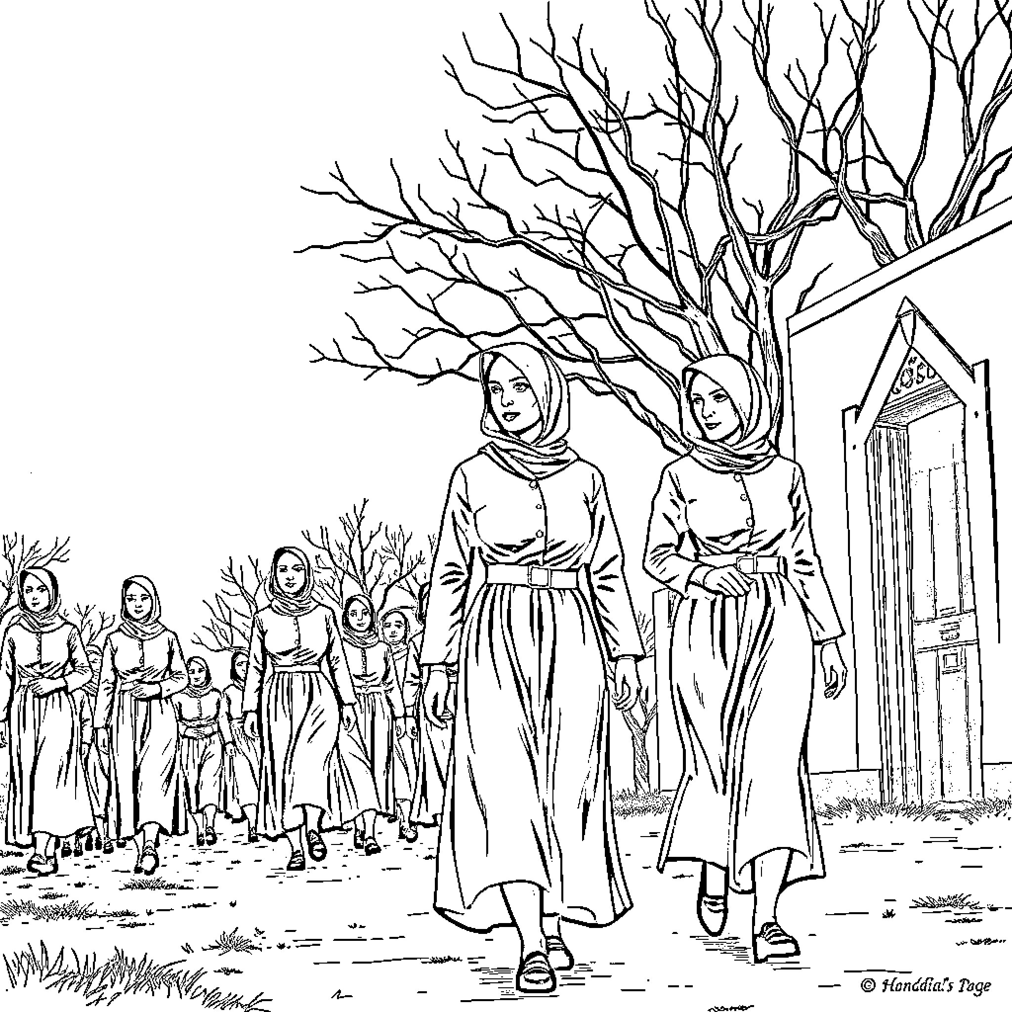 Handmaid's journey through the desolate landscape Coloring Page (free black-and-white line drawing printable PDF for all, from beginners to advanced learners, including children, teens, adults, and seniors)