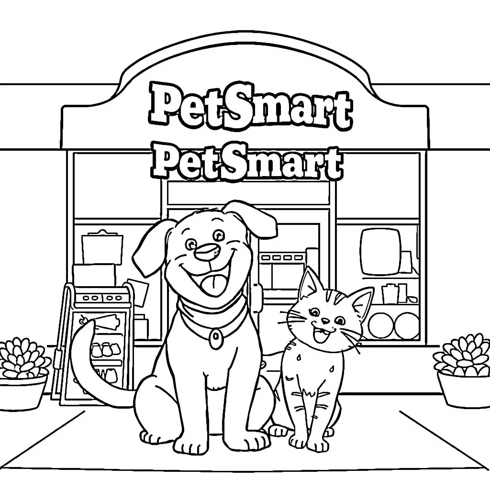 Dog and cat posing in front of pet store Coloring Page (free black-and-white line drawing printable PDF for all, from beginners to advanced learners, including children, teens, adults, and seniors)