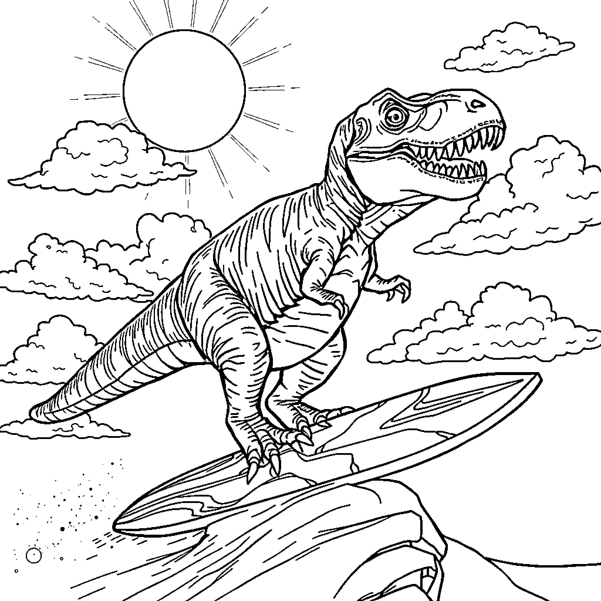 Tyrannosaurus Rex surfing on the clouds Coloring Page (free black-and-white line drawing printable PDF for all, from beginners to advanced learners, including children, teens, adults, and seniors)