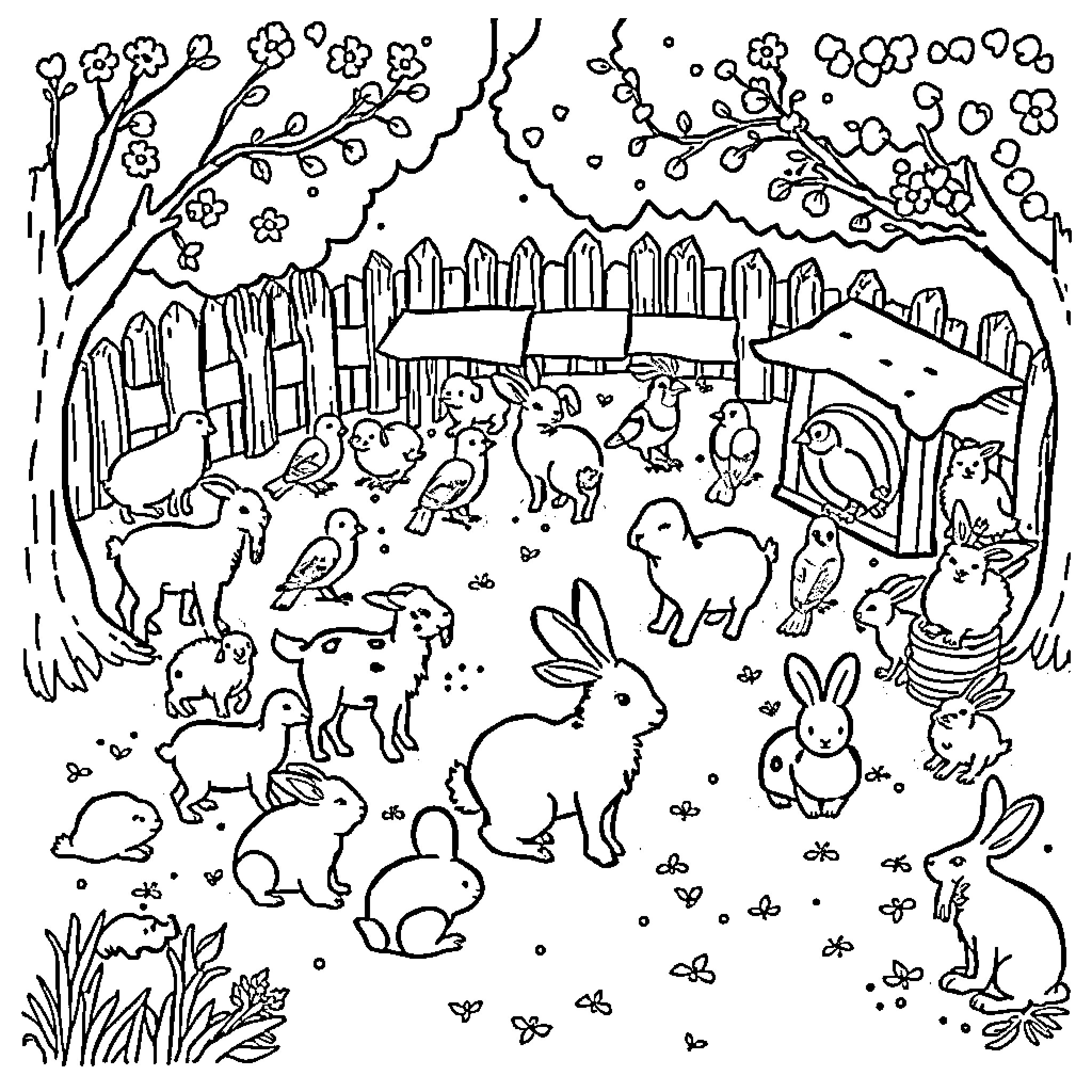 Zoo Animal Playground with Varied Creatures Coloring Page (free black-and-white line drawing printable PDF for all, from beginners to advanced learners, including children, teens, adults, and seniors)