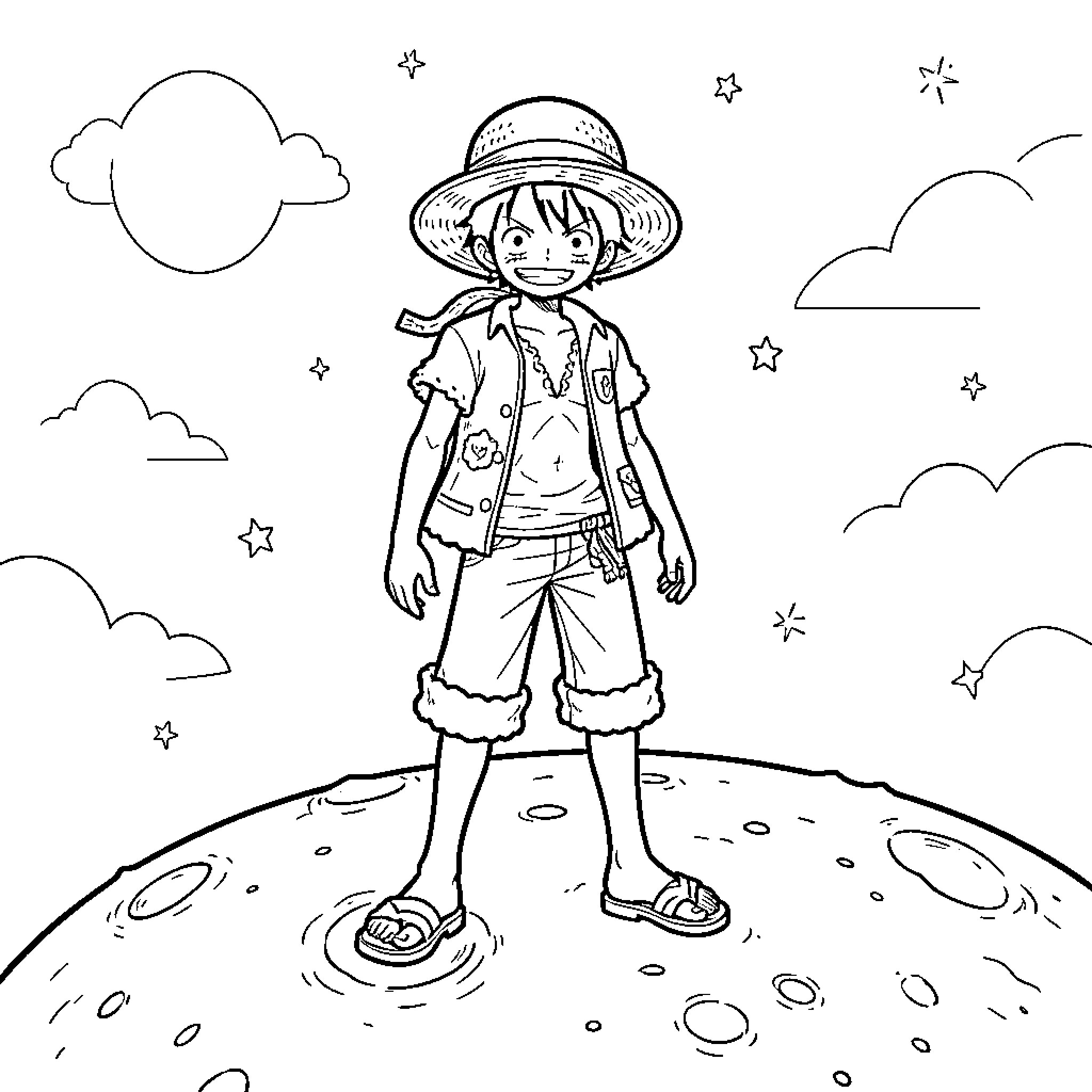 Luffy standing smiling on the surface of the moon Coloring Page (free black-and-white line drawing printable PDF for all, from beginners to advanced learners, including children, teens, adults, and seniors)