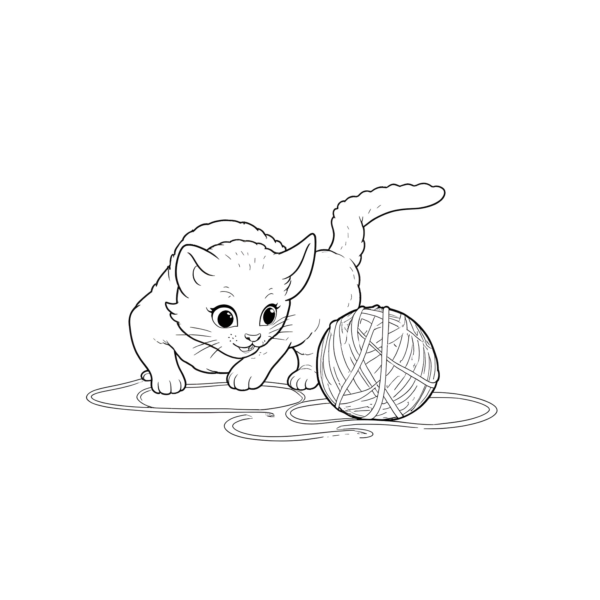 Kitten playing with a yarn ball Coloring Page (free black-and-white line drawing printable PDF for all, from beginners to advanced learners, including children, teens, adults, and seniors)