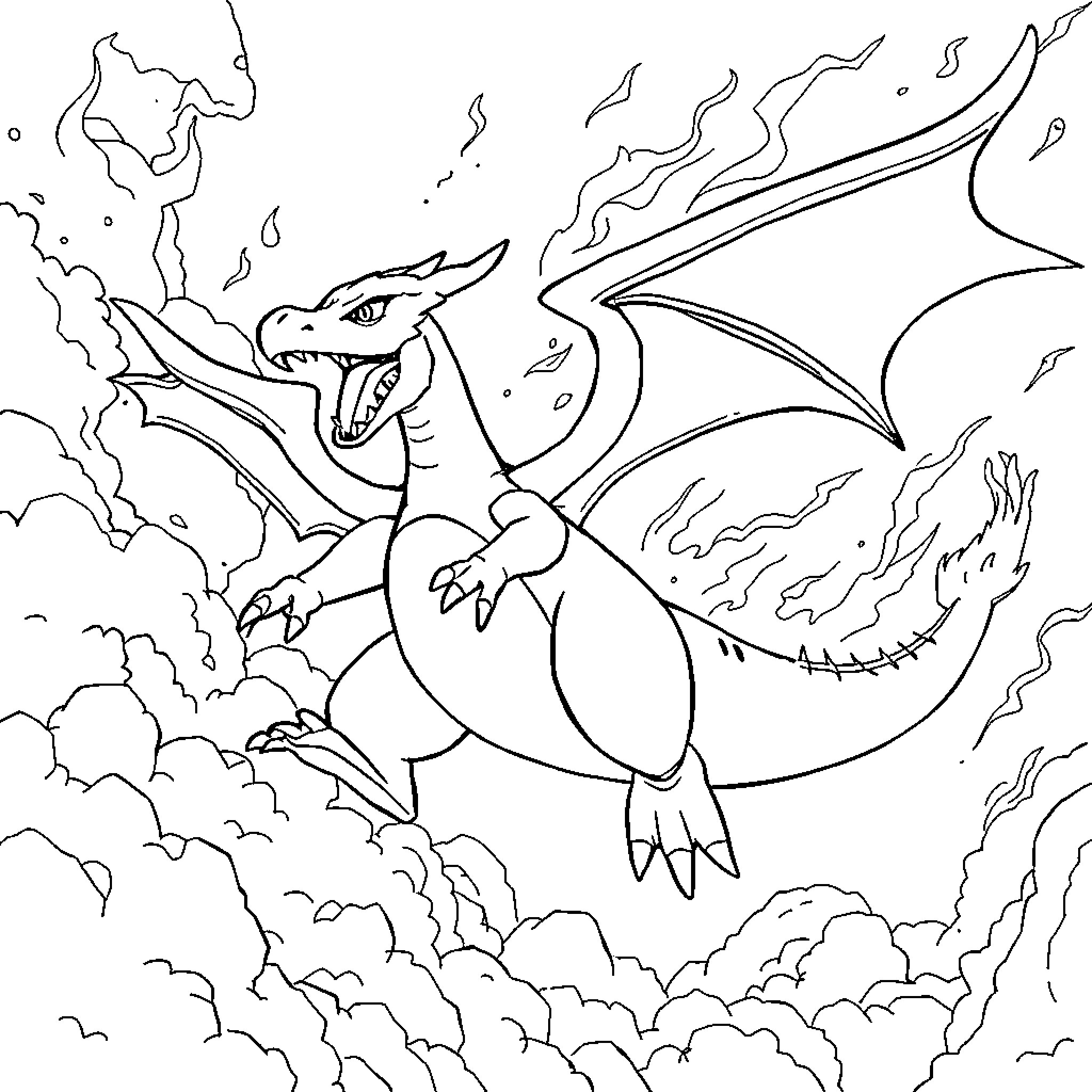 Charizard taking flight in a fiery storm Coloring Page (free black-and-white line drawing printable PDF for all, from beginners to advanced learners, including children, teens, adults, and seniors)