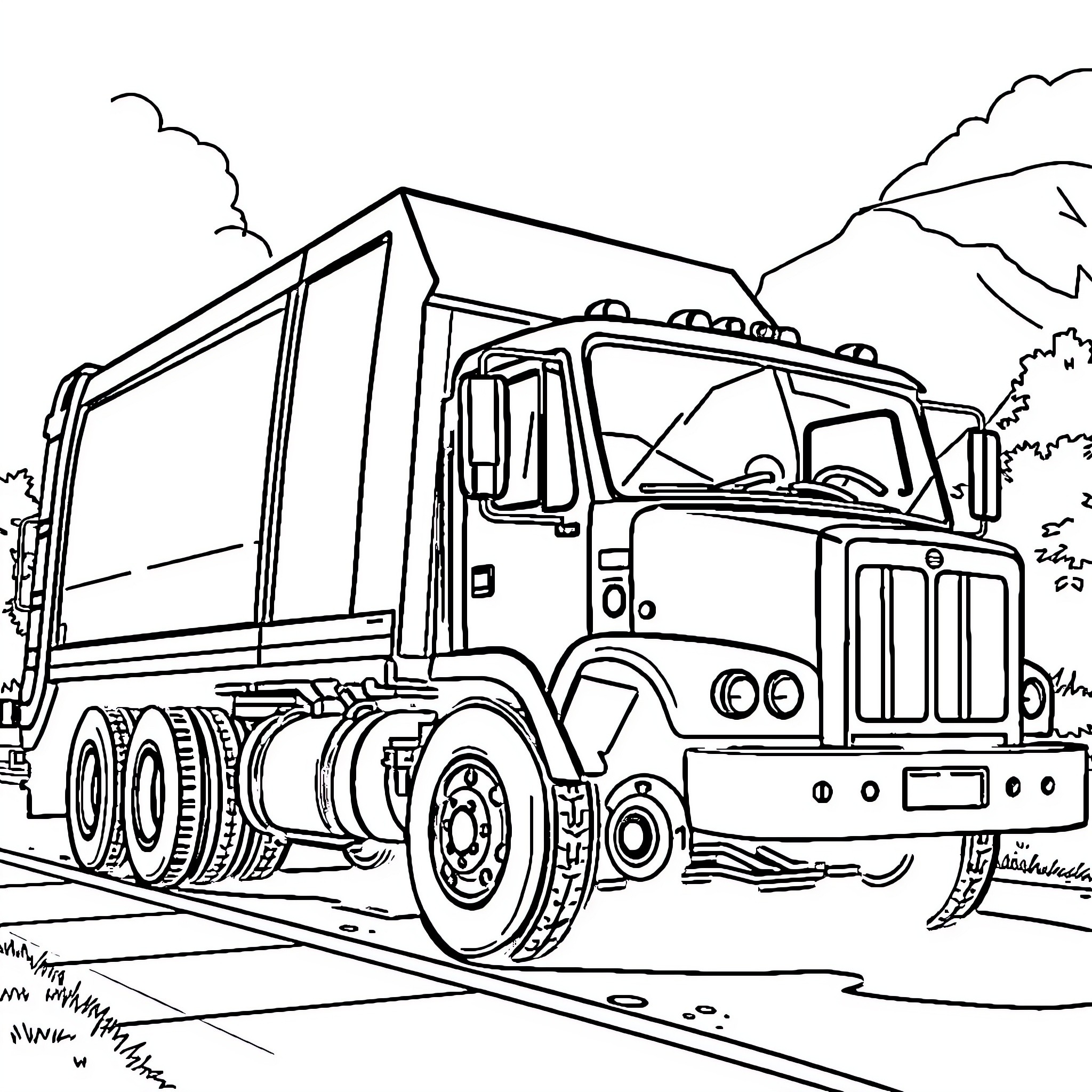 Trash Truck Transporting Waste in Rural Landscape Coloring Page (free black-and-white line drawing printable PDF for all, from beginners to advanced learners, including children, teens, adults, and seniors)