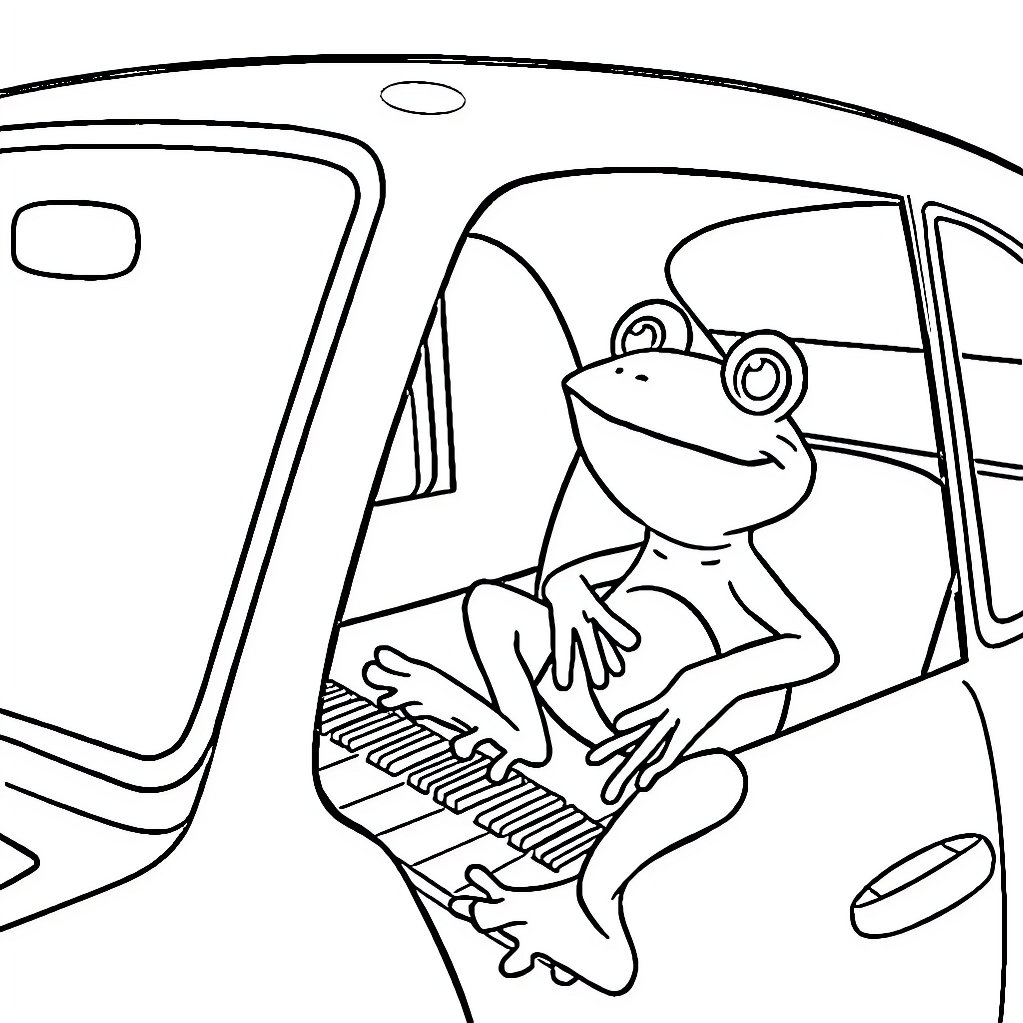 Frog driving a car and playing the piano Coloring Page (free black-and-white line drawing printable PDF for all, from beginners to advanced learners, including children, teens, adults, and seniors)