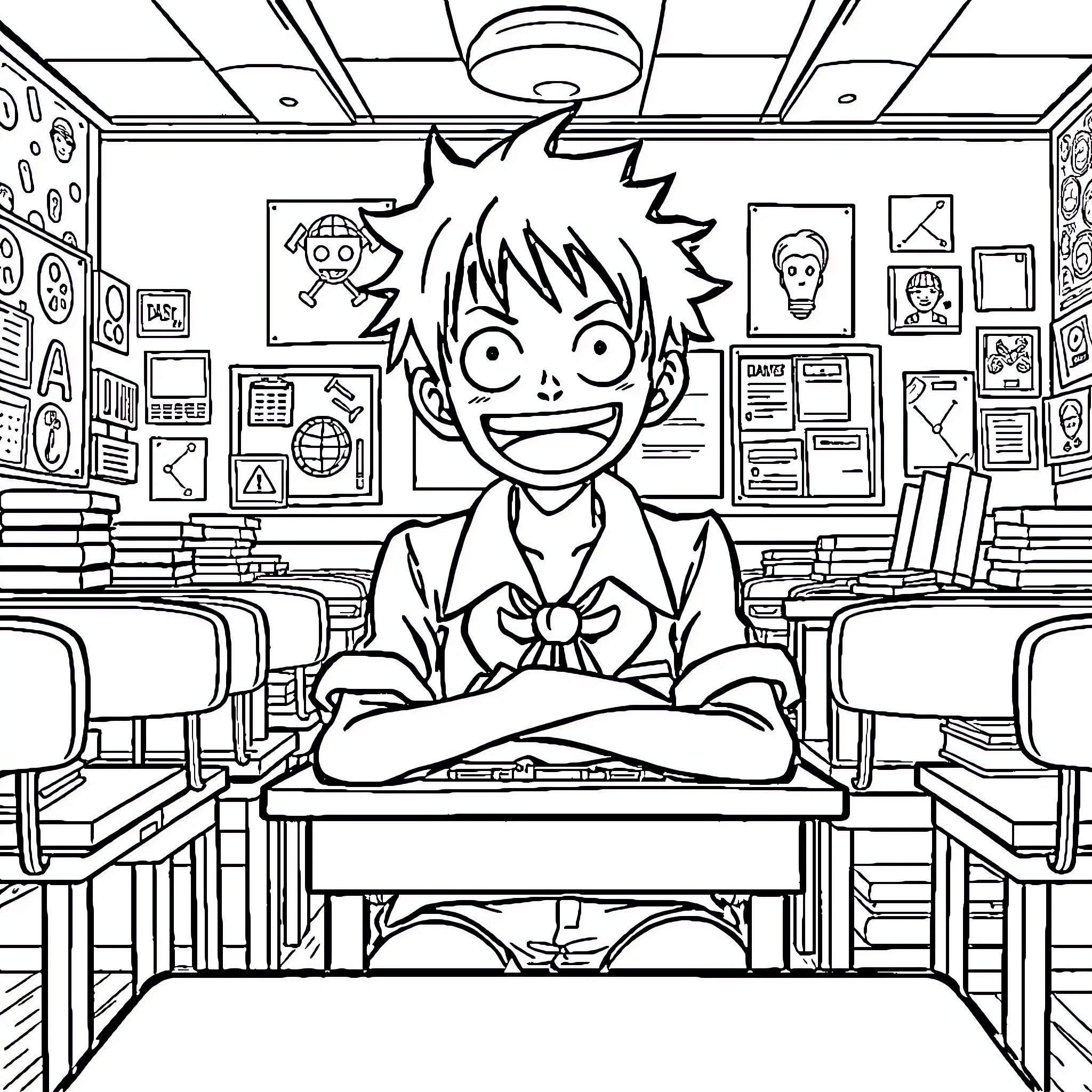Monkey D Luffy Sitting Cheerfully in Classroom Coloring Page (free black-and-white line drawing printable PDF for all, from beginners to advanced learners, including children, teens, adults, and seniors)