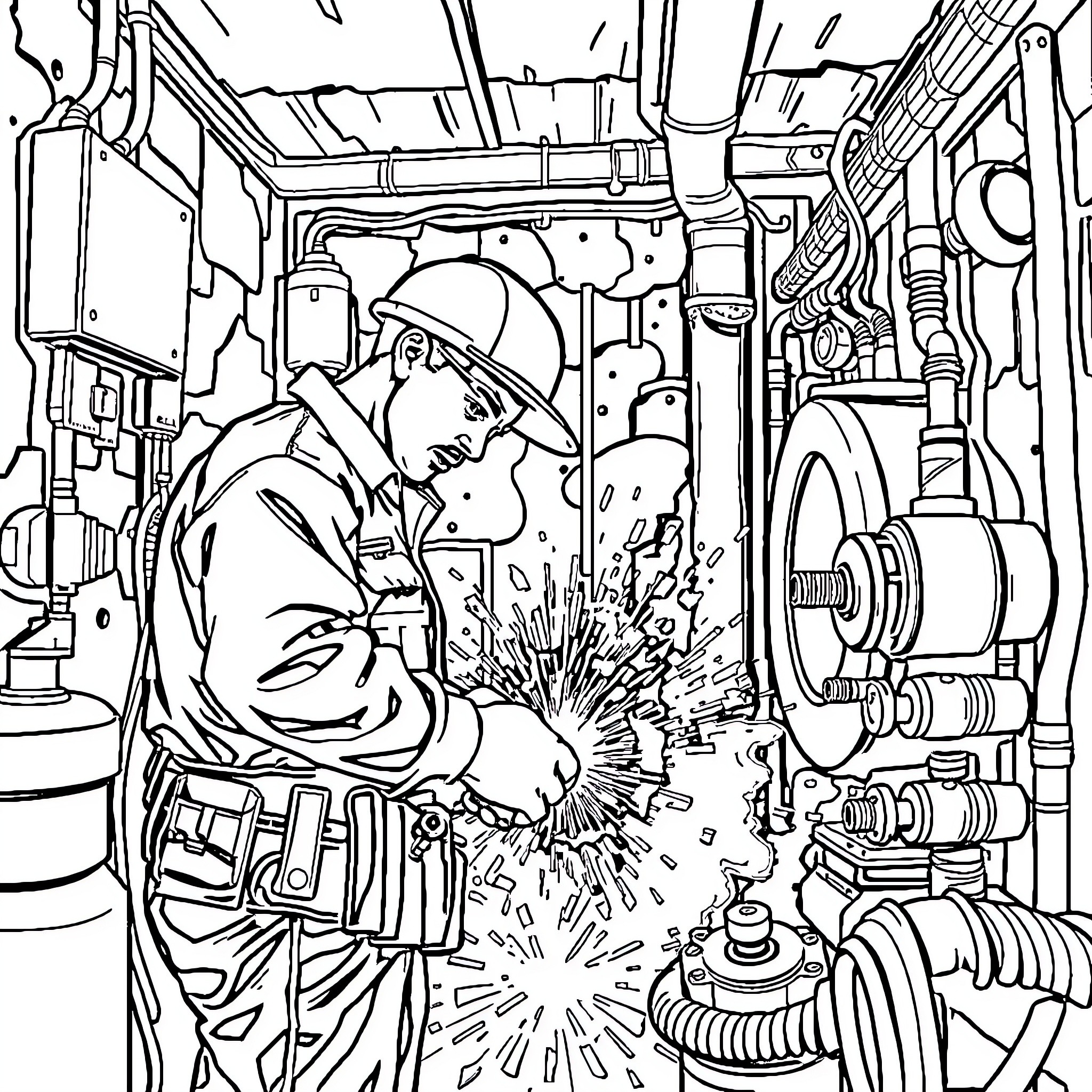 Electrician performing maintenance work in industrial setting Coloring Page (free black-and-white line drawing printable PDF for all, from beginners to advanced learners, including children, teens, adults, and seniors)