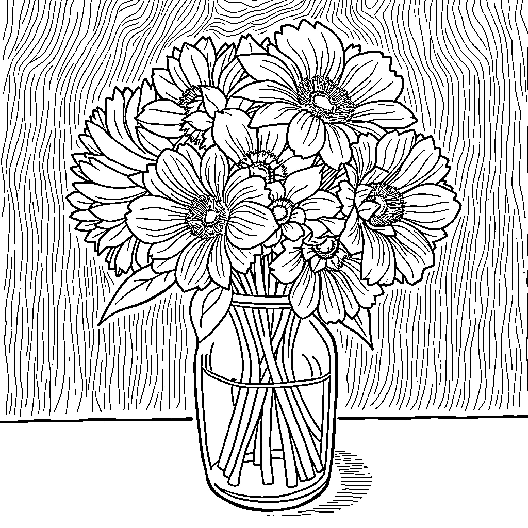 Sunflower Bouquet in Glass Vase Coloring Page (free black-and-white line drawing printable PDF for all, from beginners to advanced learners, including children, teens, adults, and seniors)