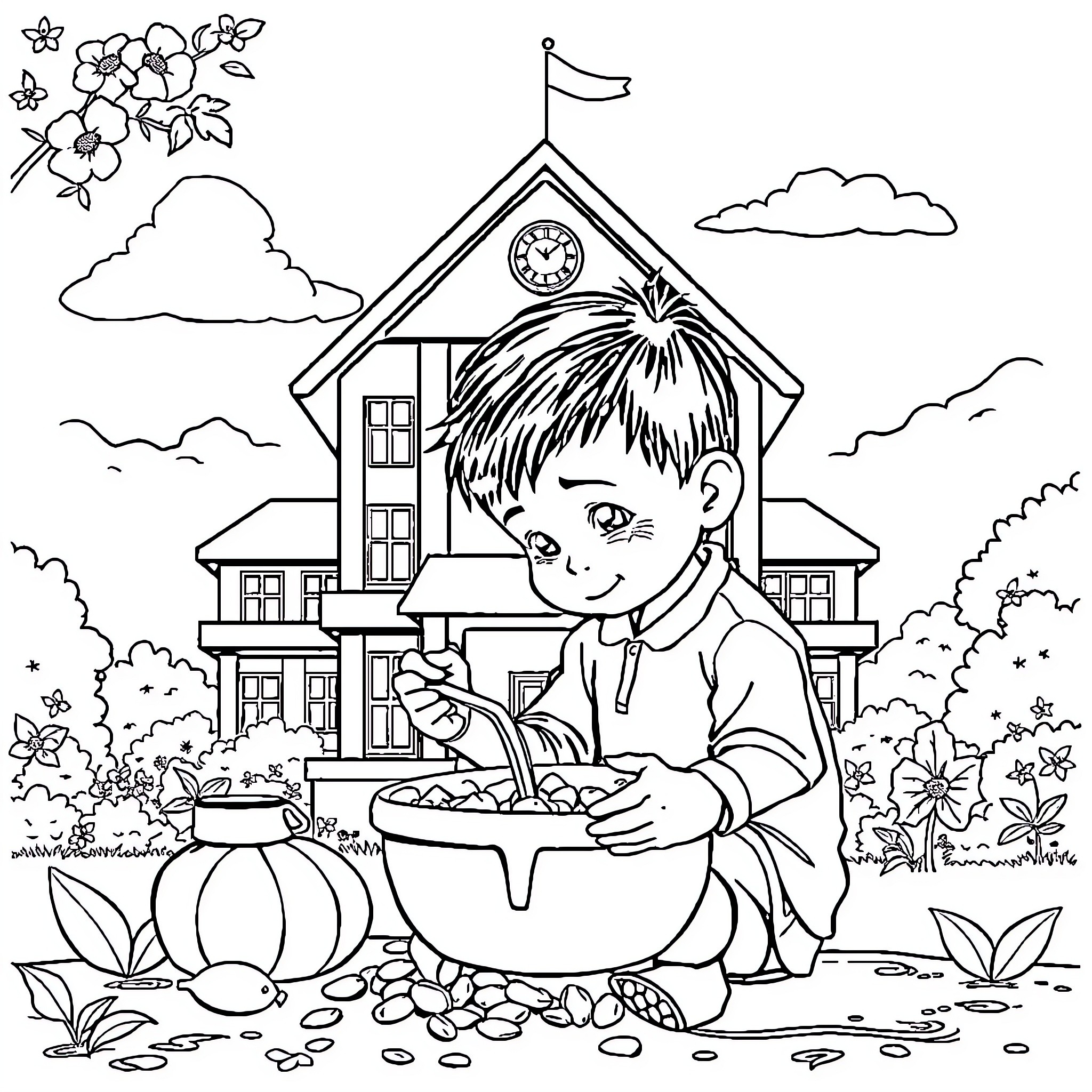 Anak Enjoying a Meal Outdoors with Nature Coloring Page (free black-and-white line drawing printable PDF for all, from beginners to advanced learners, including children, teens, adults, and seniors)