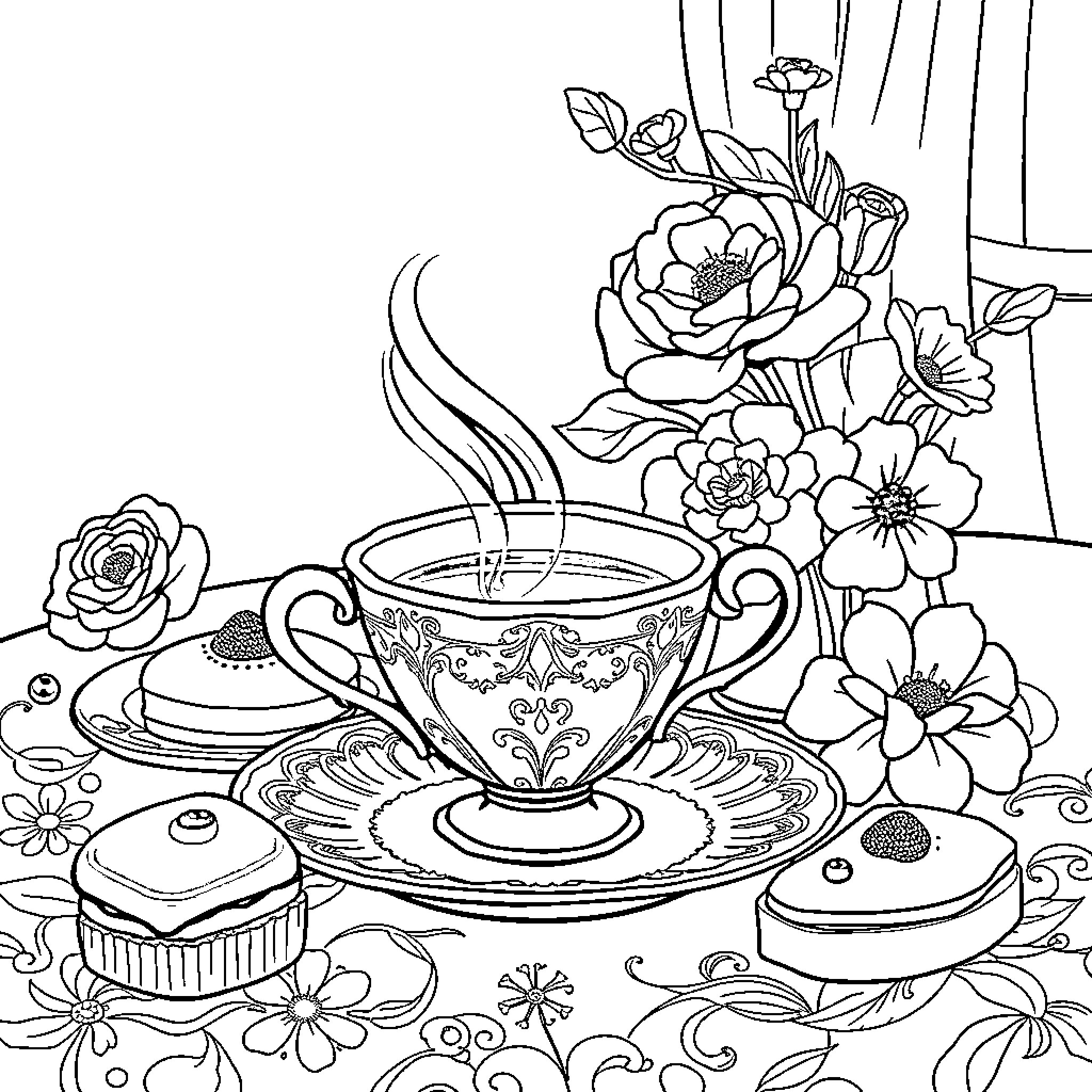 Teacup surrounded by floral arrangement and desserts Coloring Page (free black-and-white line drawing printable PDF for all, from beginners to advanced learners, including children, teens, adults, and seniors)
