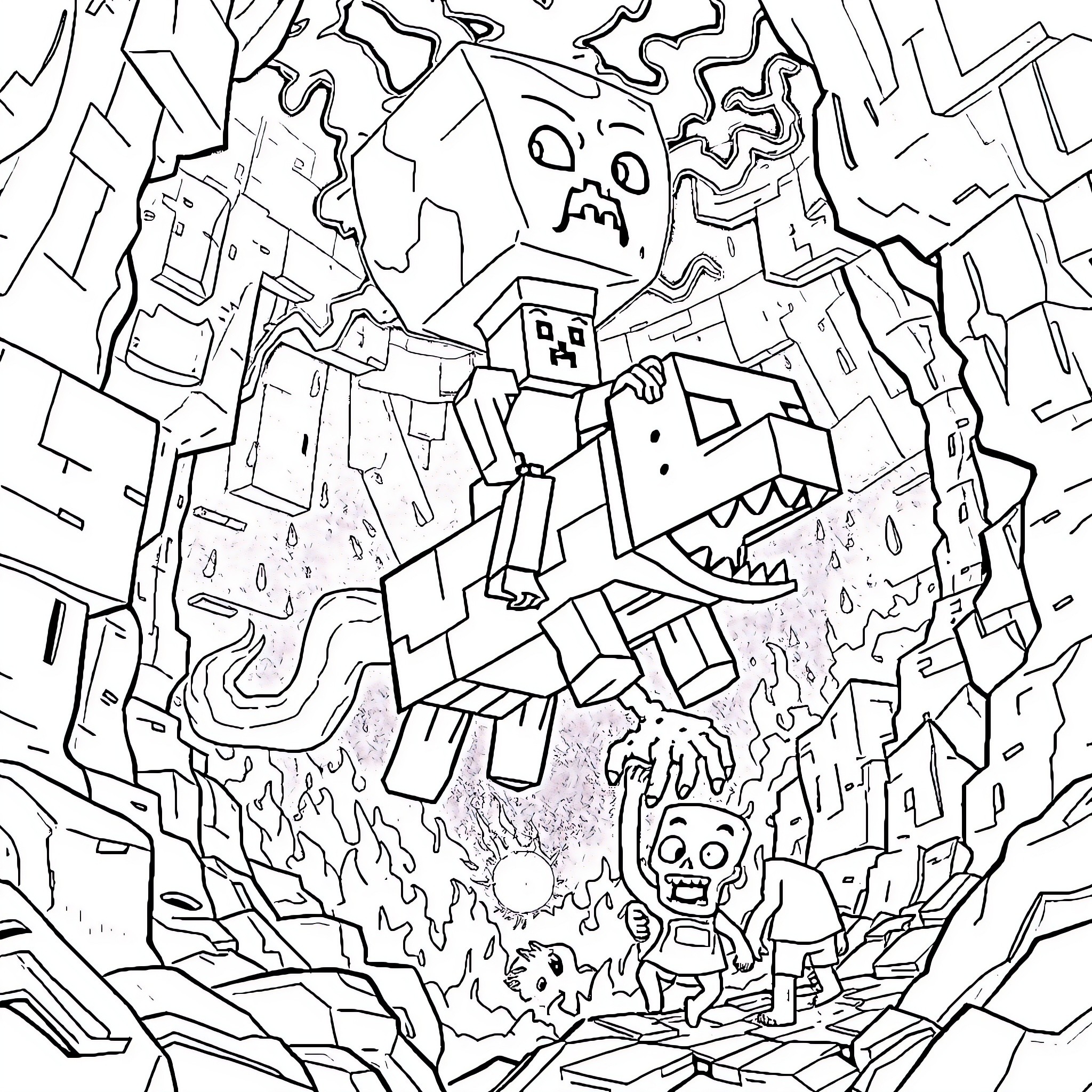 Steve's Chaotic Adventure in the Surreal Landscape Coloring Page (free black-and-white line drawing printable PDF for all, from beginners to advanced learners, including children, teens, adults, and seniors)