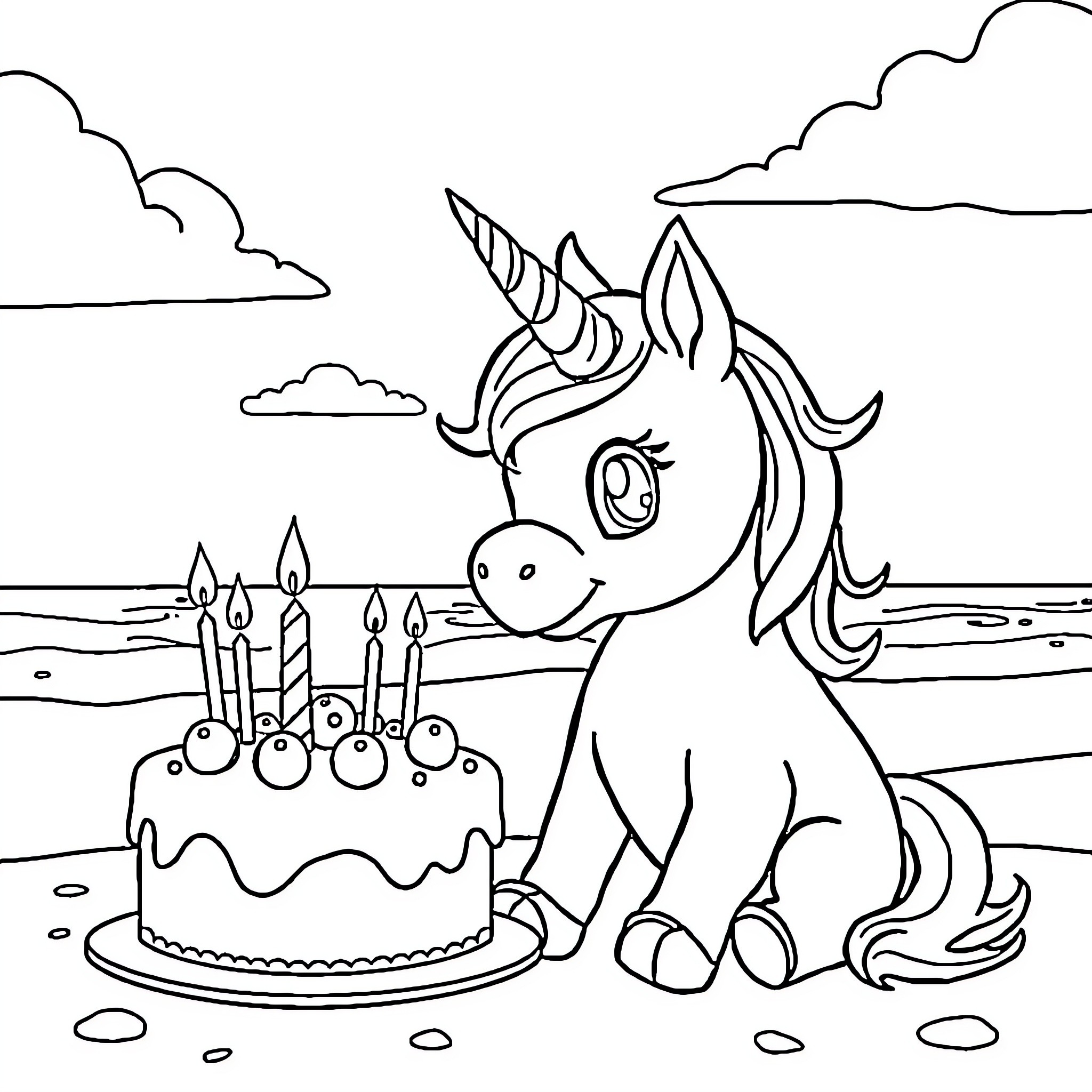 Puppy Unicorn celebrating birthday with cake Coloring Page (free black-and-white line drawing printable PDF for all, from beginners to advanced learners, including children, teens, adults, and seniors)
