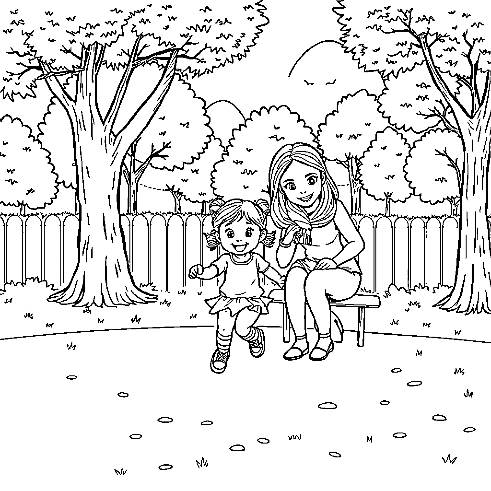 Nina's Peaceful Moment in the Park Coloring Page (free black-and-white line drawing printable PDF for all, from beginners to advanced learners, including children, teens, adults, and seniors)