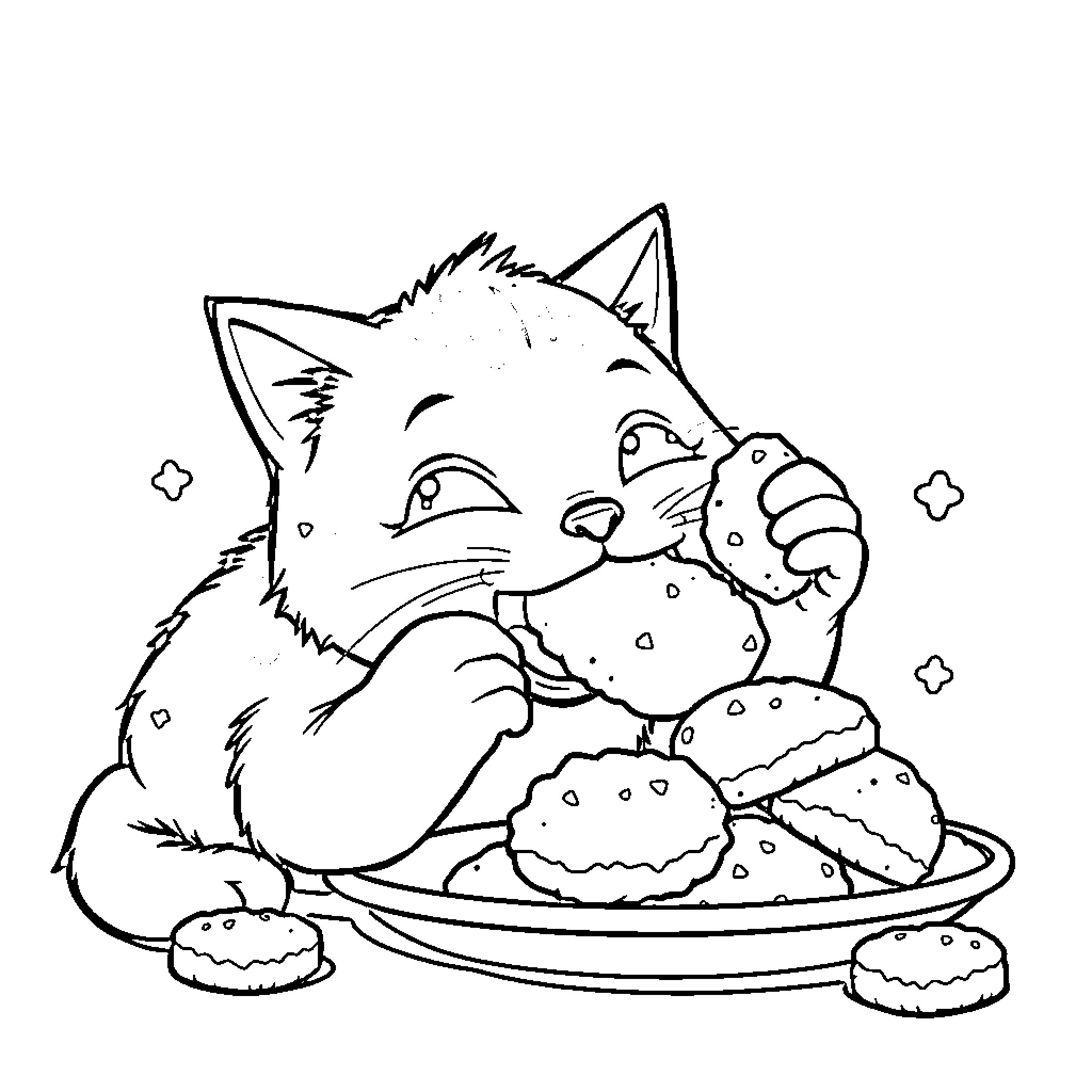 Cat enjoying delightful treats on a plate Coloring Page (free black-and-white line drawing printable PDF for all, from beginners to advanced learners, including children, teens, adults, and seniors)