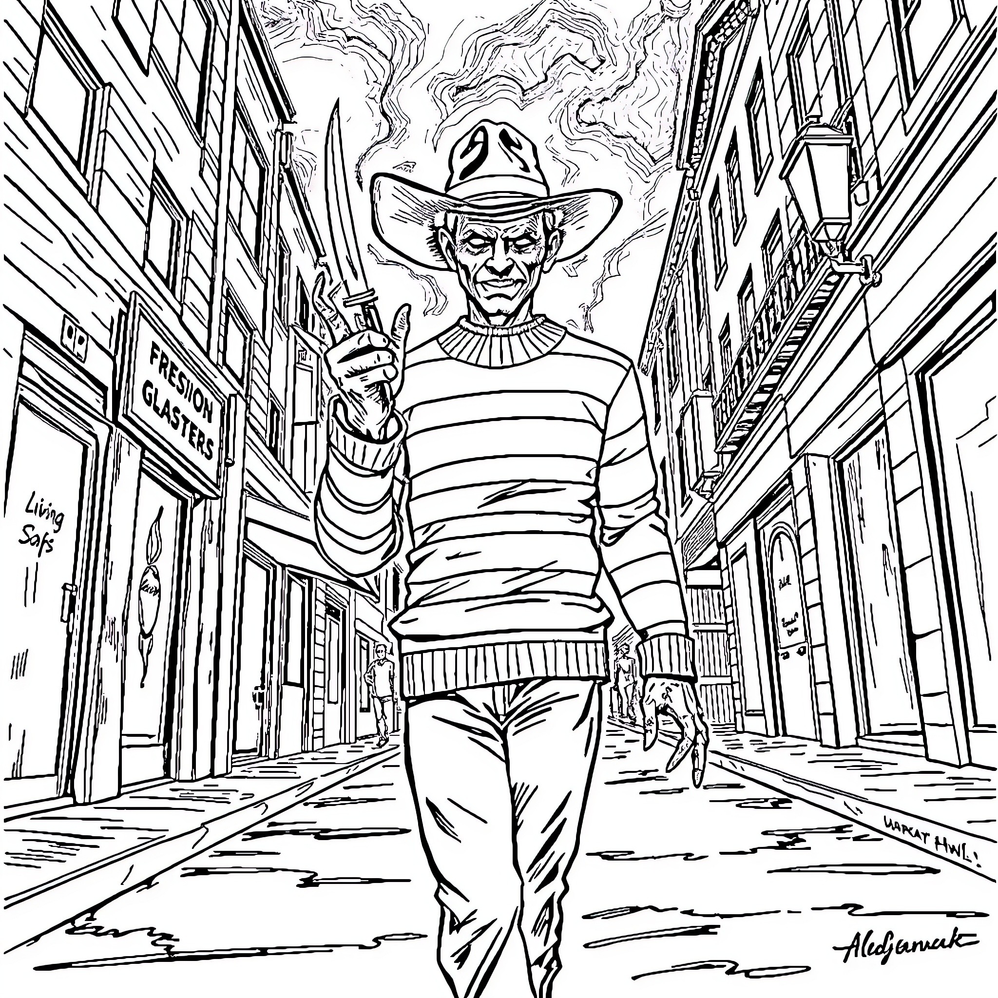 Freddy Krueger's Terrifying Stroll Through a Nightmarish Town Coloring Page (free black-and-white line drawing printable PDF for all, from beginners to advanced learners, including children, teens, adults, and seniors)