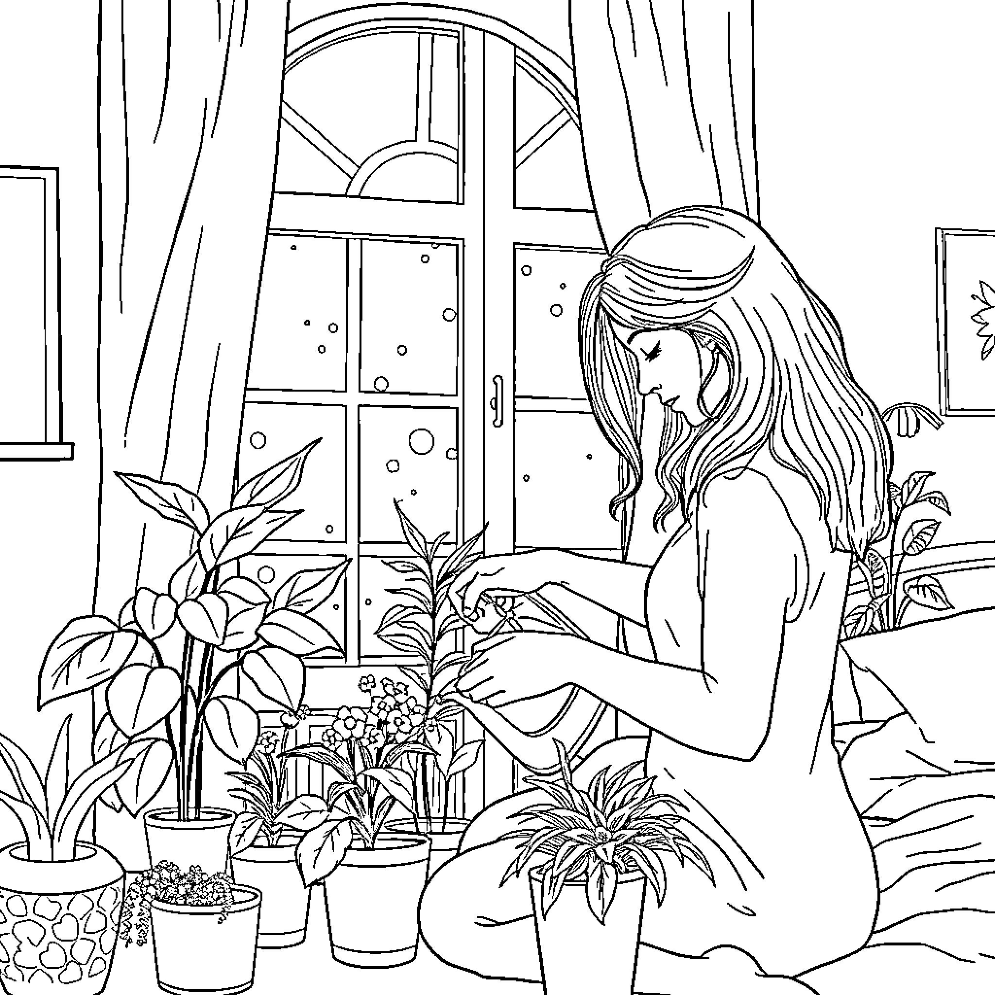 Woman tending to indoor plants by a window Coloring Page (free black-and-white line drawing printable PDF for all, from beginners to advanced learners, including children, teens, adults, and seniors)