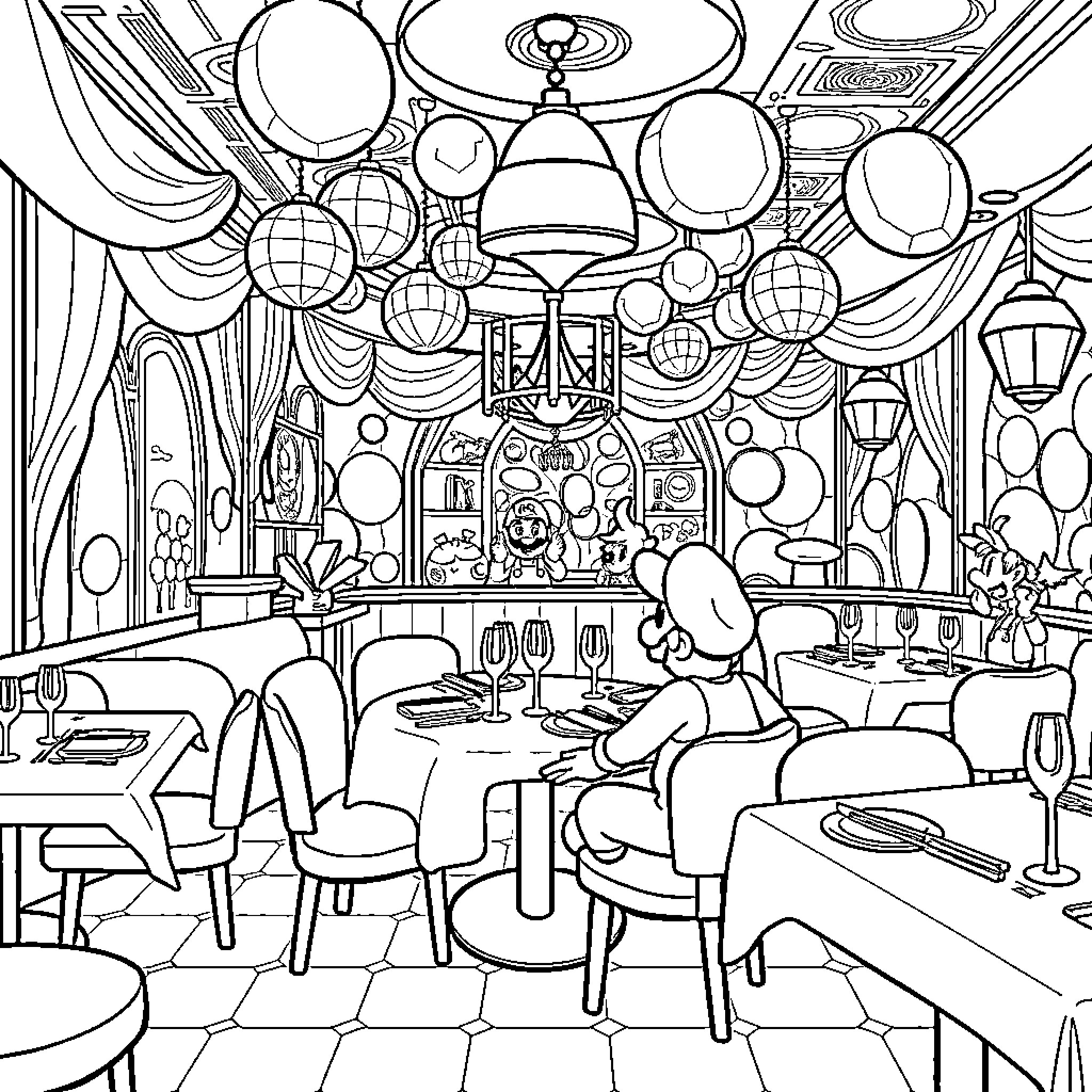 Super Mario Enjoys Dining in a Whimsical Restaurant Coloring Page (free black-and-white line drawing printable PDF for all, from beginners to advanced learners, including children, teens, adults, and seniors)