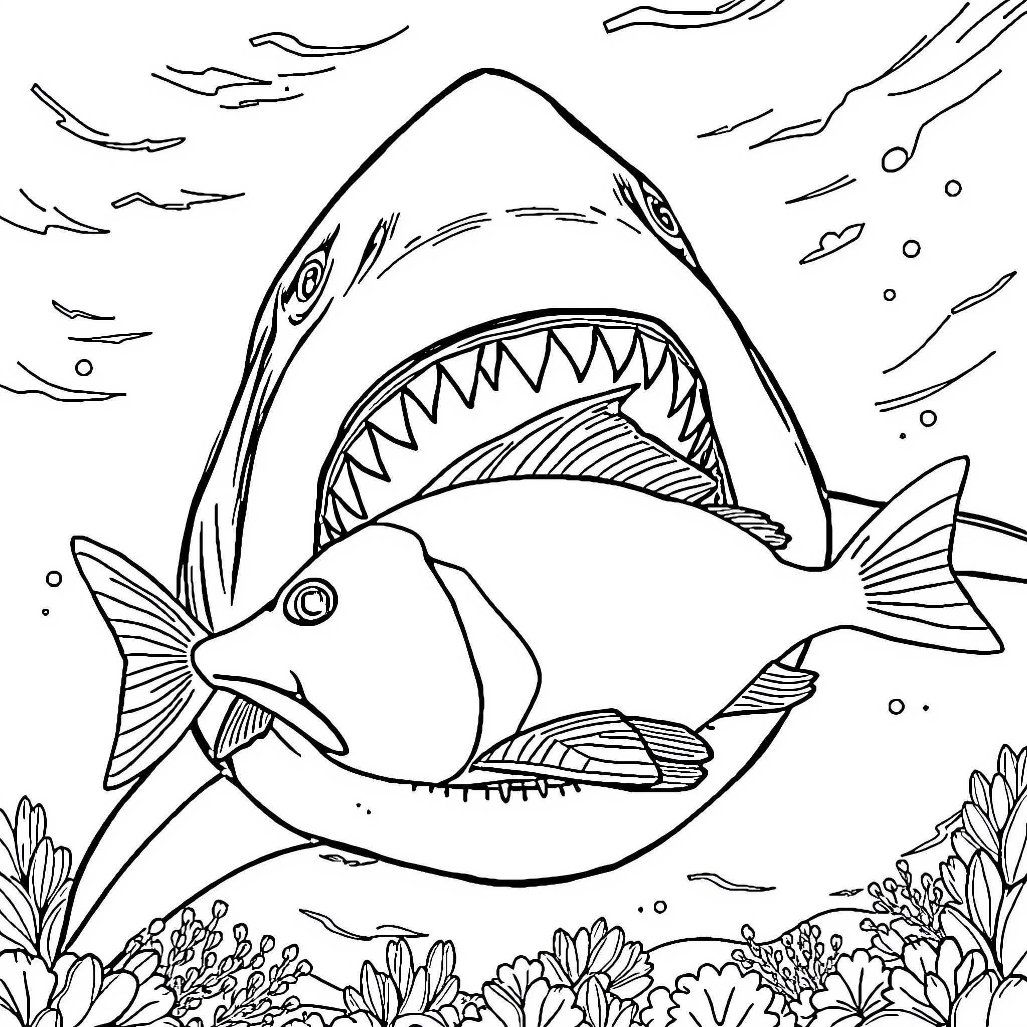 Shark with open mouth swimming in ocean Coloring Page (free black-and-white line drawing printable PDF for all, from beginners to advanced learners, including children, teens, adults, and seniors)