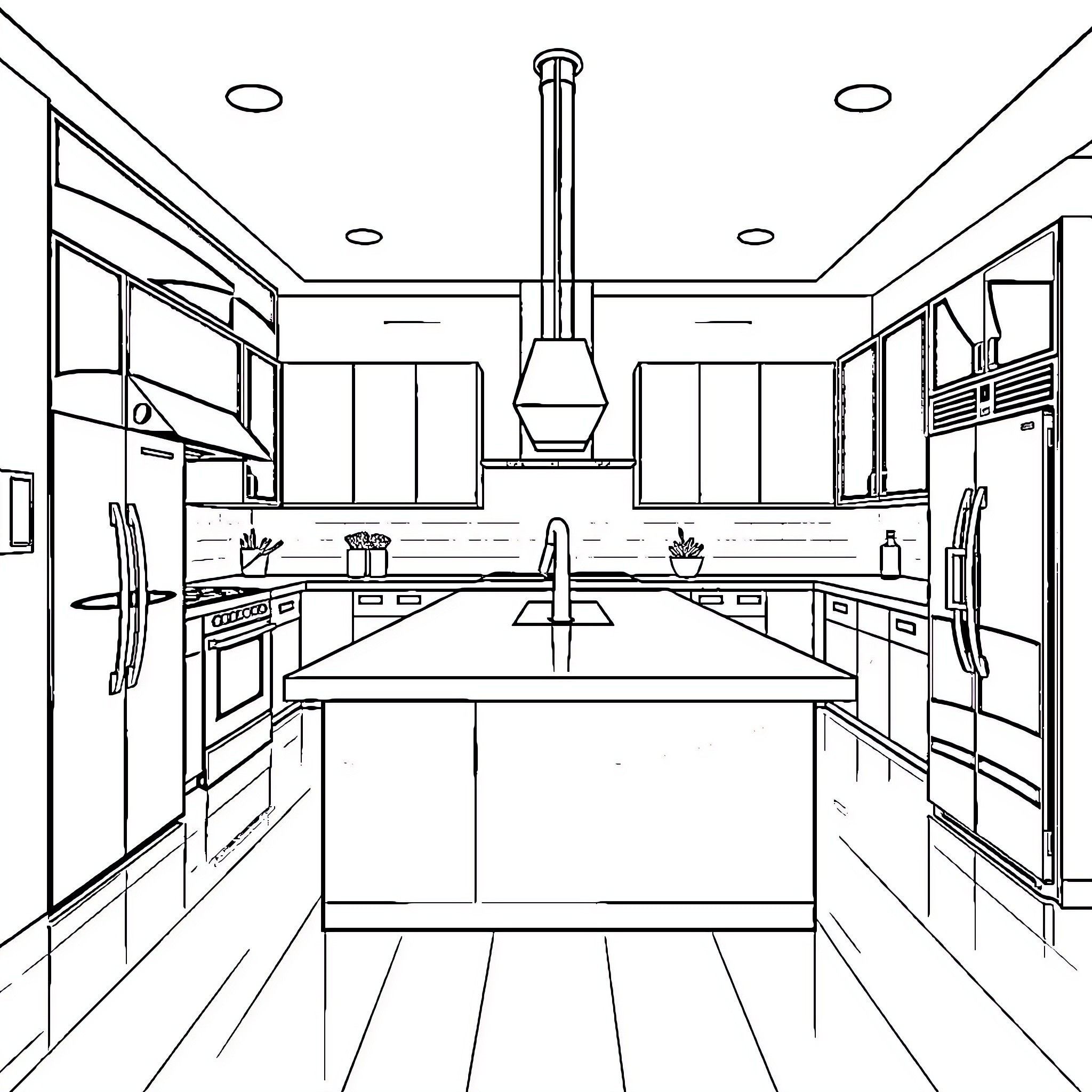 Kitchen with modern appliances and furnishings Coloring Page (free black-and-white line drawing printable PDF for all, from beginners to advanced learners, including children, teens, adults, and seniors)