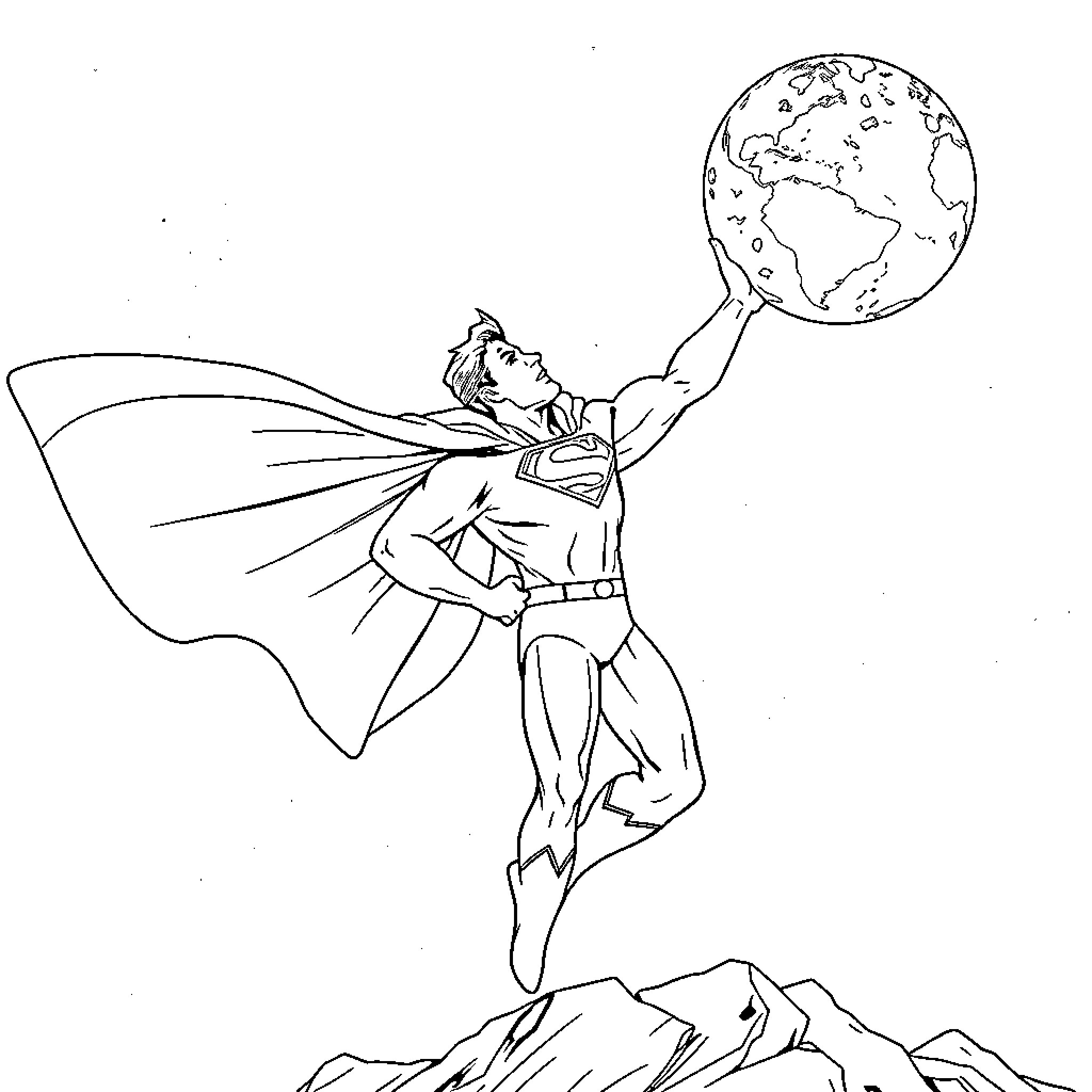 Superman heroically holding the Earth above mountains Coloring Page (free black-and-white line drawing printable PDF for all, from beginners to advanced learners, including children, teens, adults, and seniors)