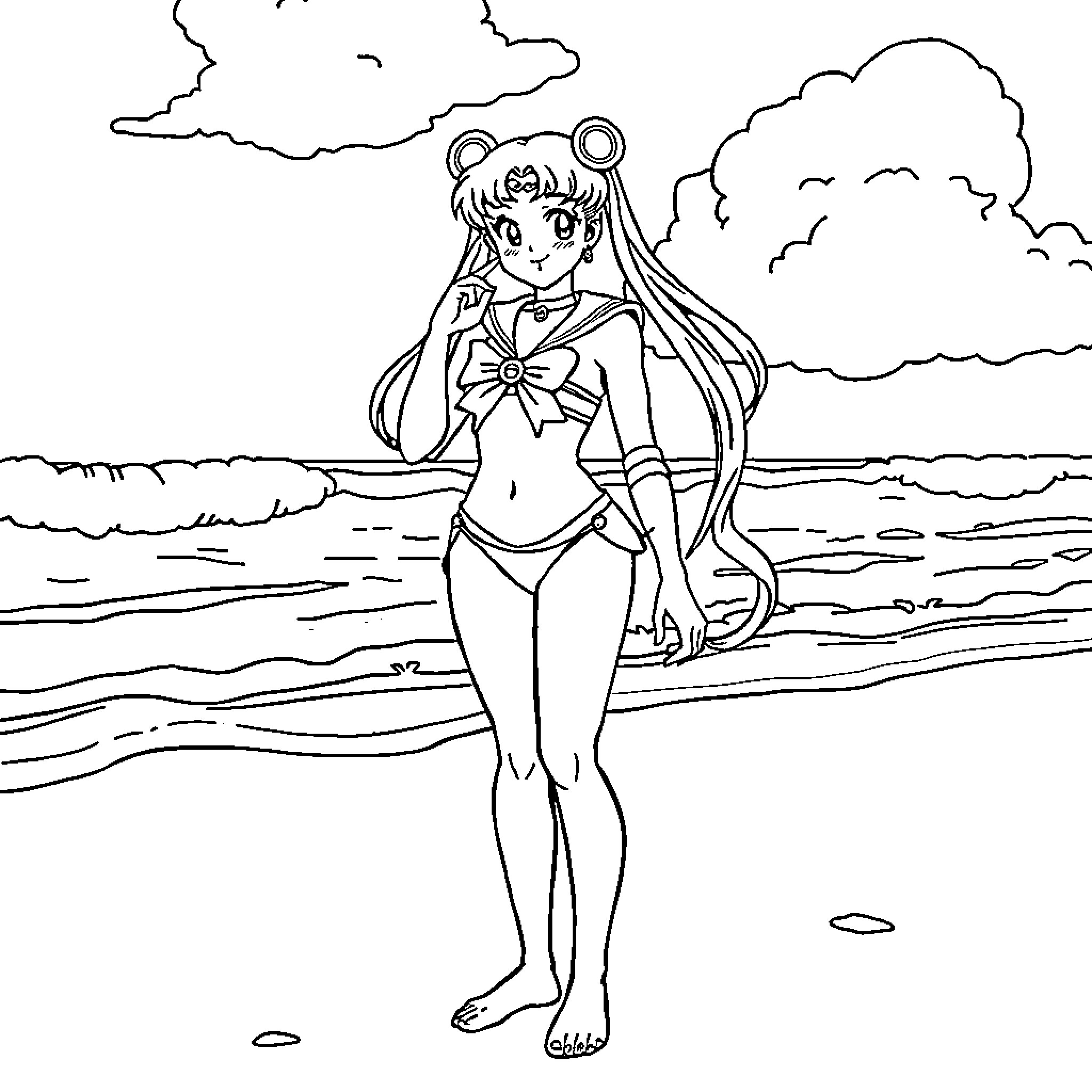 Sailor Moon enjoying a day at the beach Coloring Page (free black-and-white line drawing printable PDF for all, from beginners to advanced learners, including children, teens, adults, and seniors)