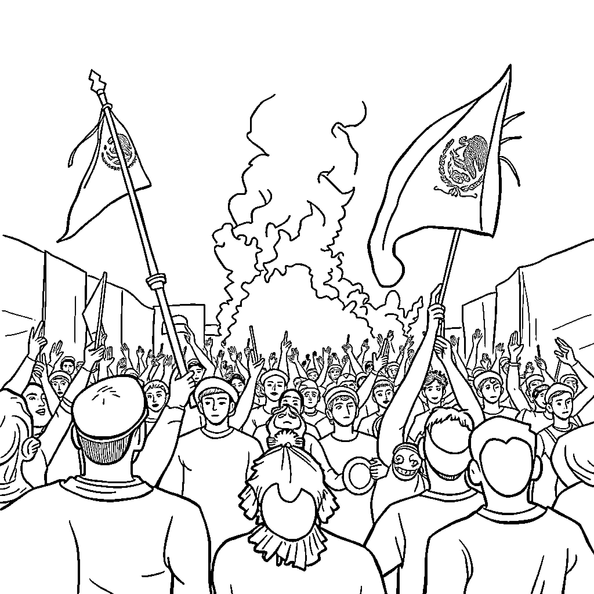 Mexican Revolution: Protesters Marching with Banners and Flags Coloring Page (free black-and-white line drawing printable PDF for all, from beginners to advanced learners, including children, teens, adults, and seniors)