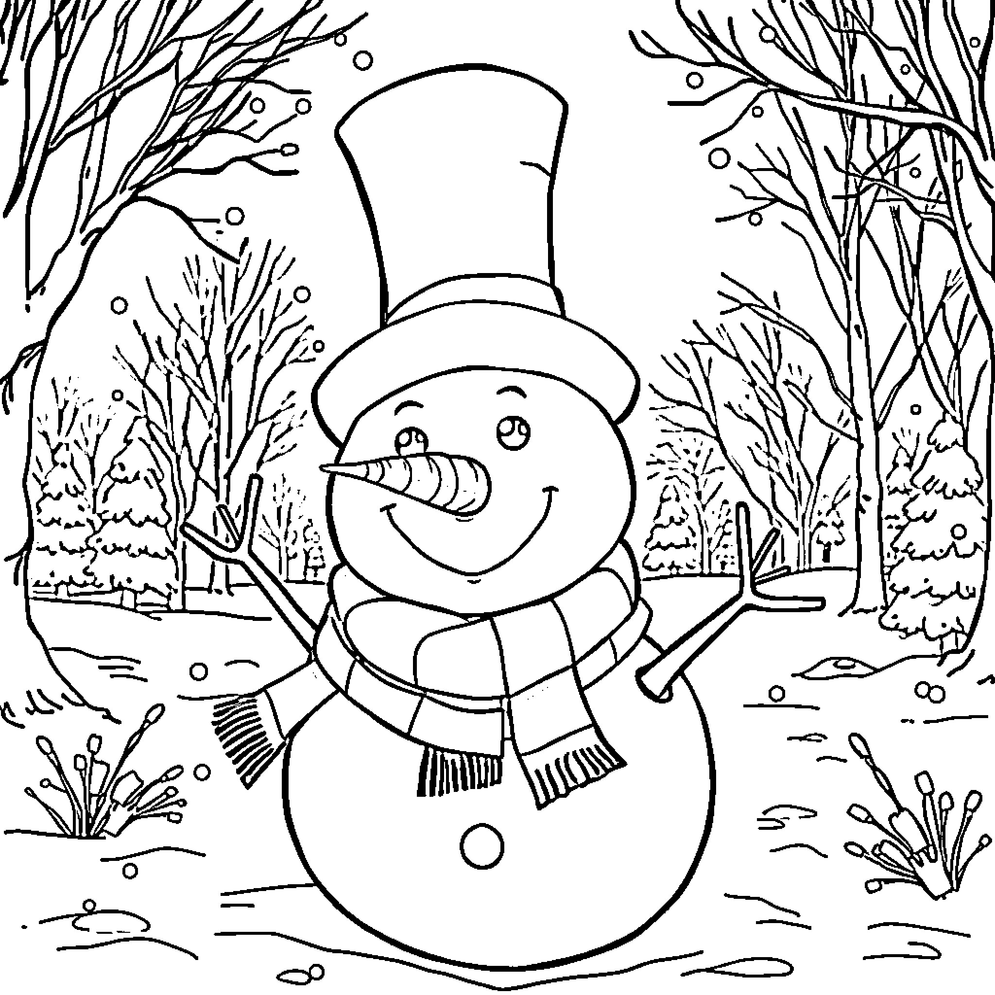 Snowman enjoying a snowy winter day Coloring Page (free black-and-white line drawing printable PDF for all, from beginners to advanced learners, including children, teens, adults, and seniors)