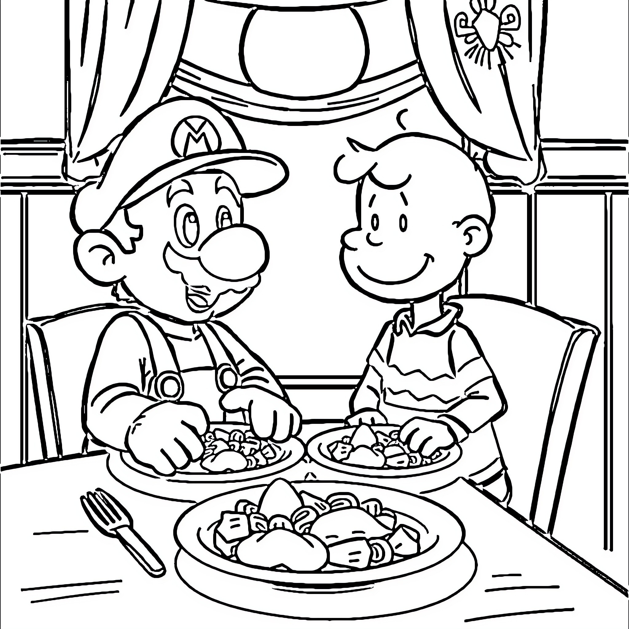 Mario and Friend Enjoying Dinner Together Coloring Page (free black-and-white line drawing printable PDF for all, from beginners to advanced learners, including children, teens, adults, and seniors)