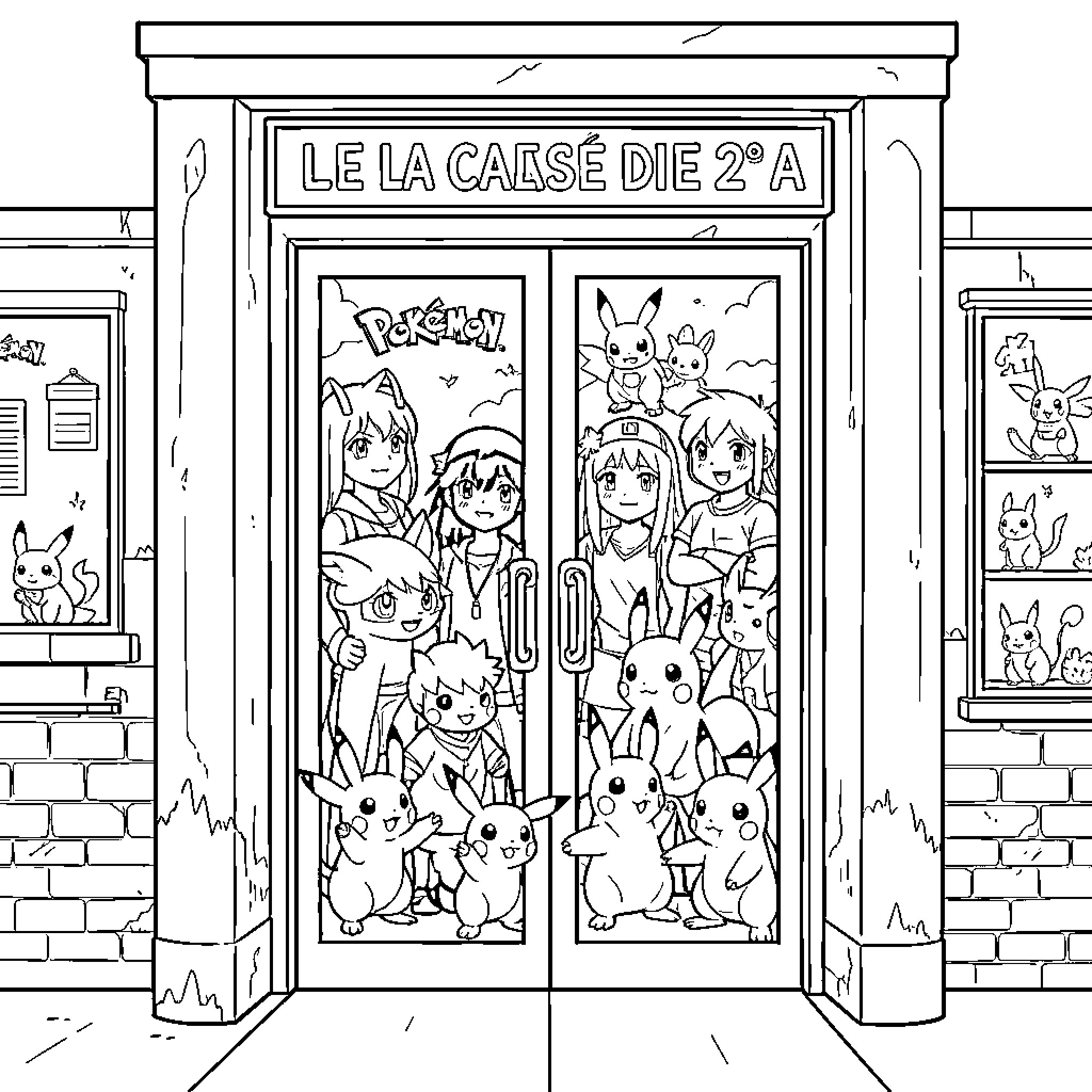 Pokémon characters posing together in front of a doorway Coloring Page (free black-and-white line drawing printable PDF for all, from beginners to advanced learners, including children, teens, adults, and seniors)