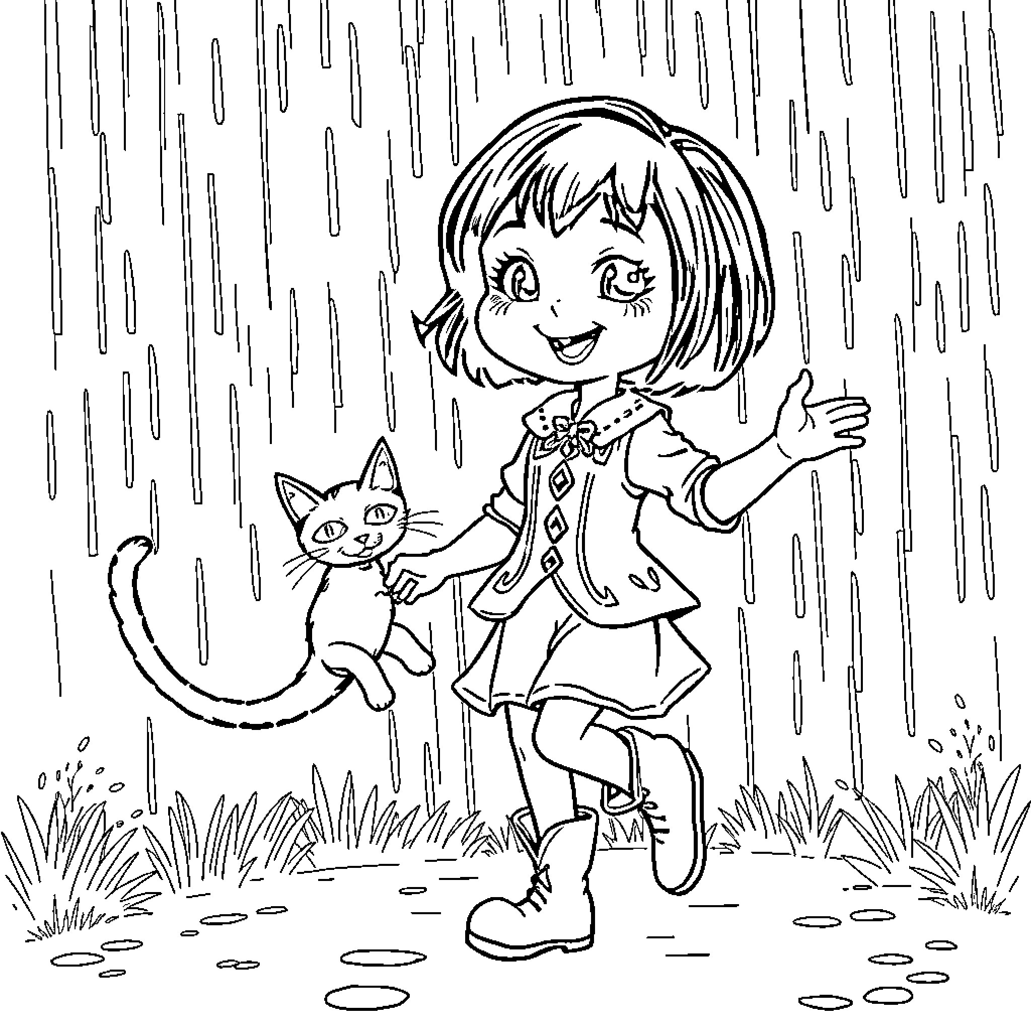 Nina's Rainy Day Adventure with Her Feline Friend Coloring Page (free black-and-white line drawing printable PDF for all, from beginners to advanced learners, including children, teens, adults, and seniors)