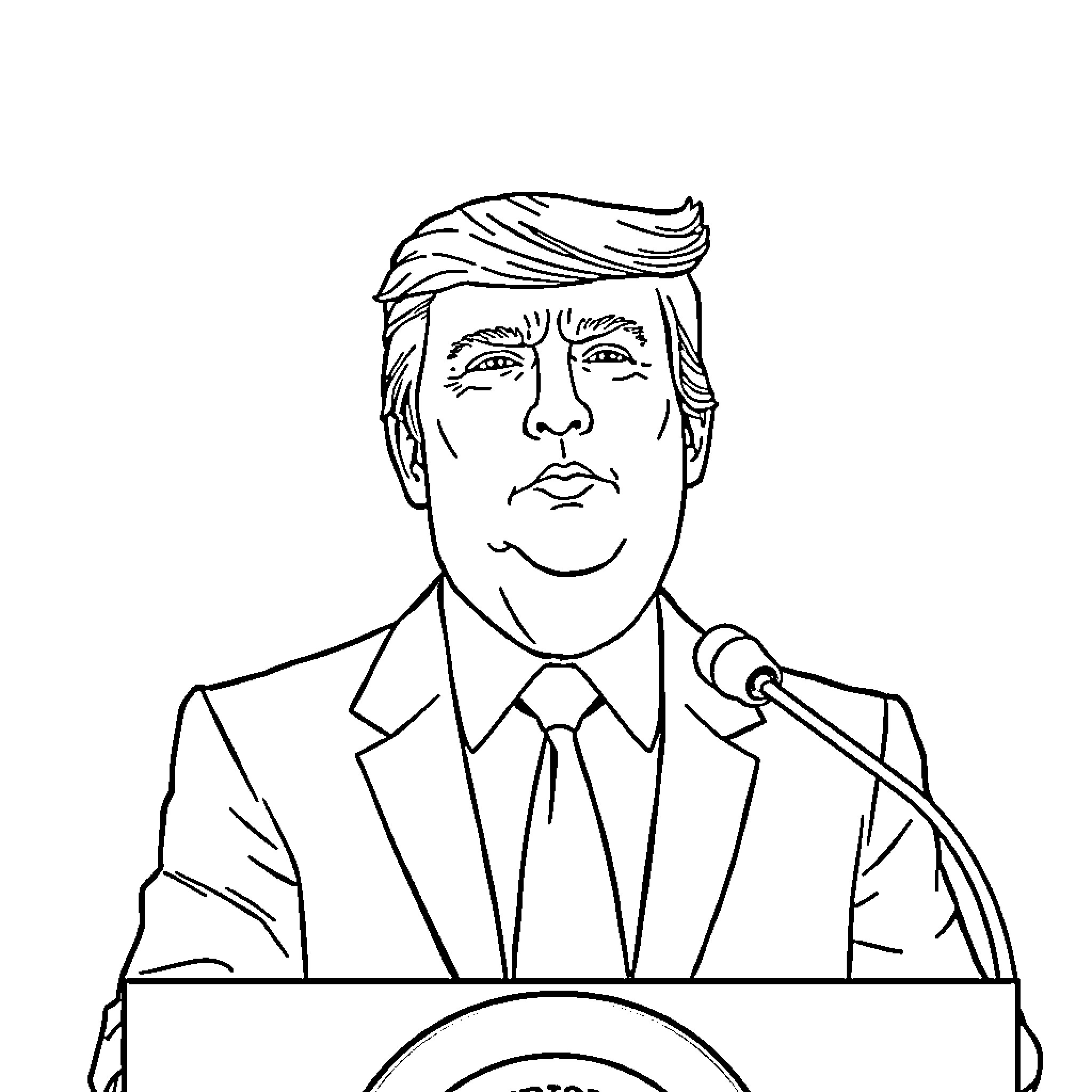 Donald Trump addressing the public at a podium Coloring Page (free black-and-white line drawing printable PDF for all, from beginners to advanced learners, including children, teens, adults, and seniors)