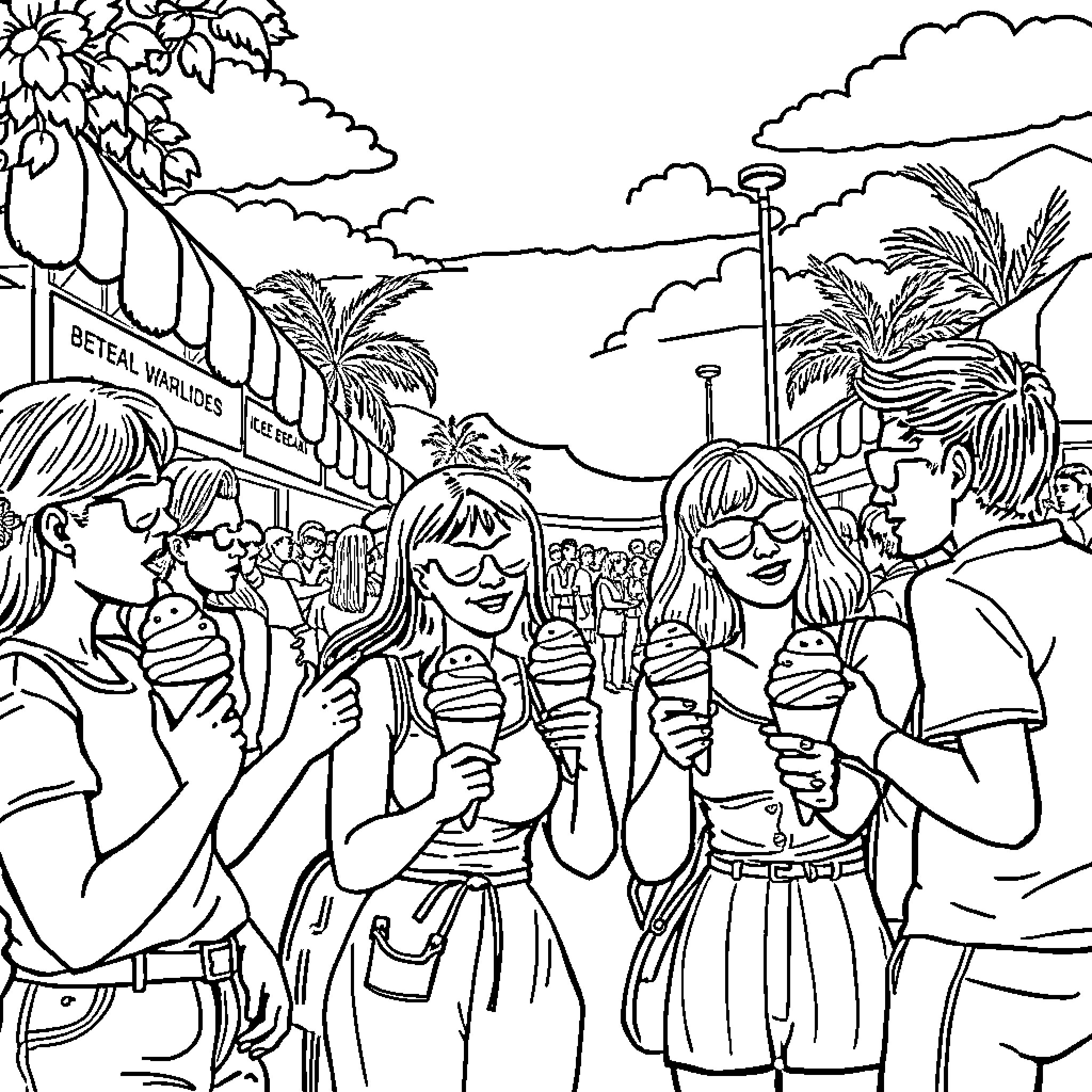 Ice Cream Celebration at the Outdoor Market Coloring Page (free black-and-white line drawing printable PDF for all, from beginners to advanced learners, including children, teens, adults, and seniors)