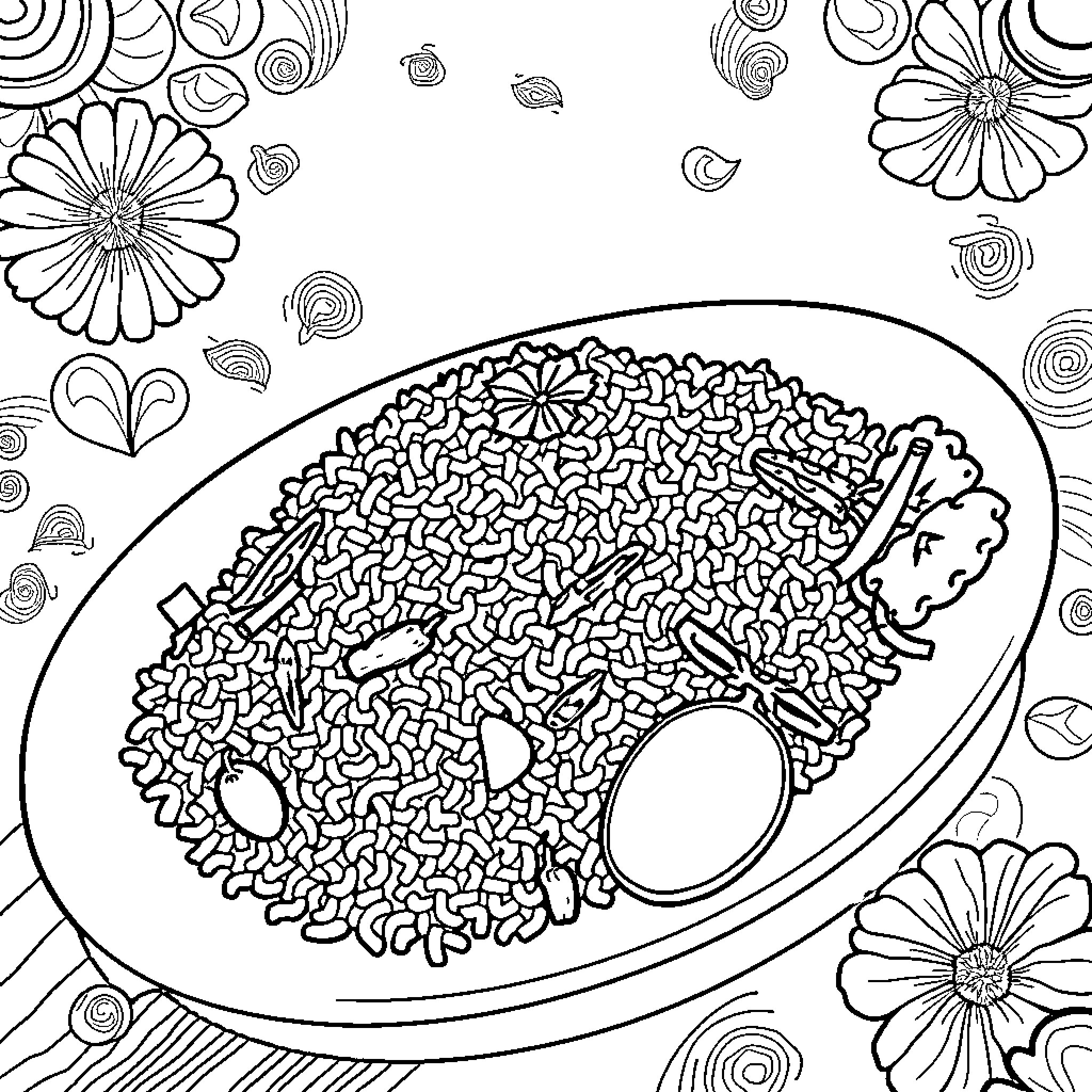 Nasi Goreng - Delectable Dish with Floral Accents Coloring Page (free black-and-white line drawing printable PDF for all, from beginners to advanced learners, including children, teens, adults, and seniors)