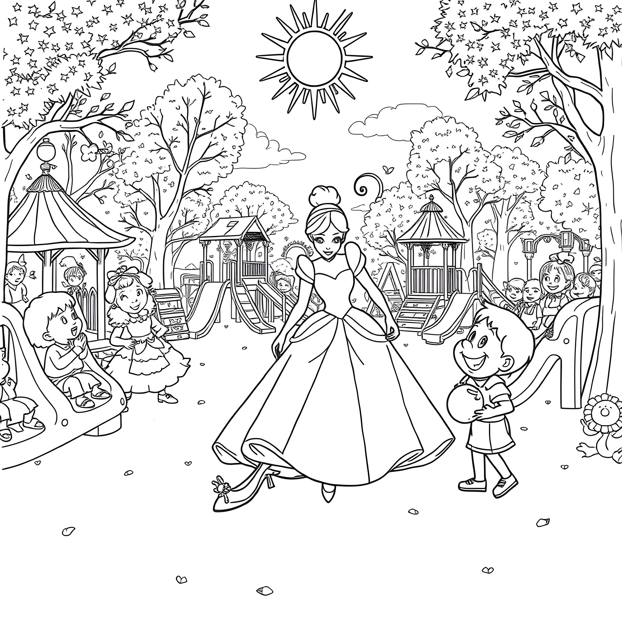 Cinderella's Enchanting Fairytale Adventure Coloring Page (free black-and-white line drawing printable PDF for all, from beginners to advanced learners, including children, teens, adults, and seniors)