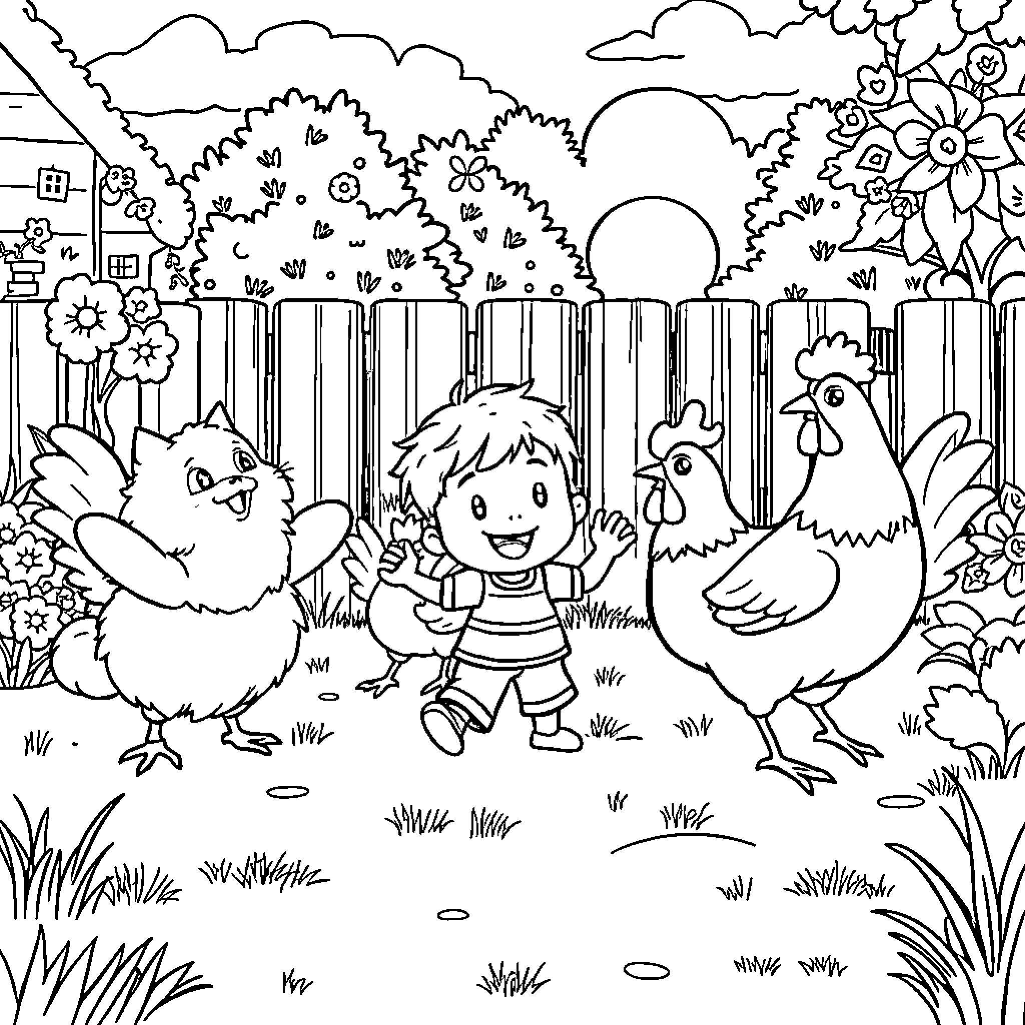 Cat and Chicks Exploring Lively Garden Coloring Page (free black-and-white line drawing printable PDF for all, from beginners to advanced learners, including children, teens, adults, and seniors)