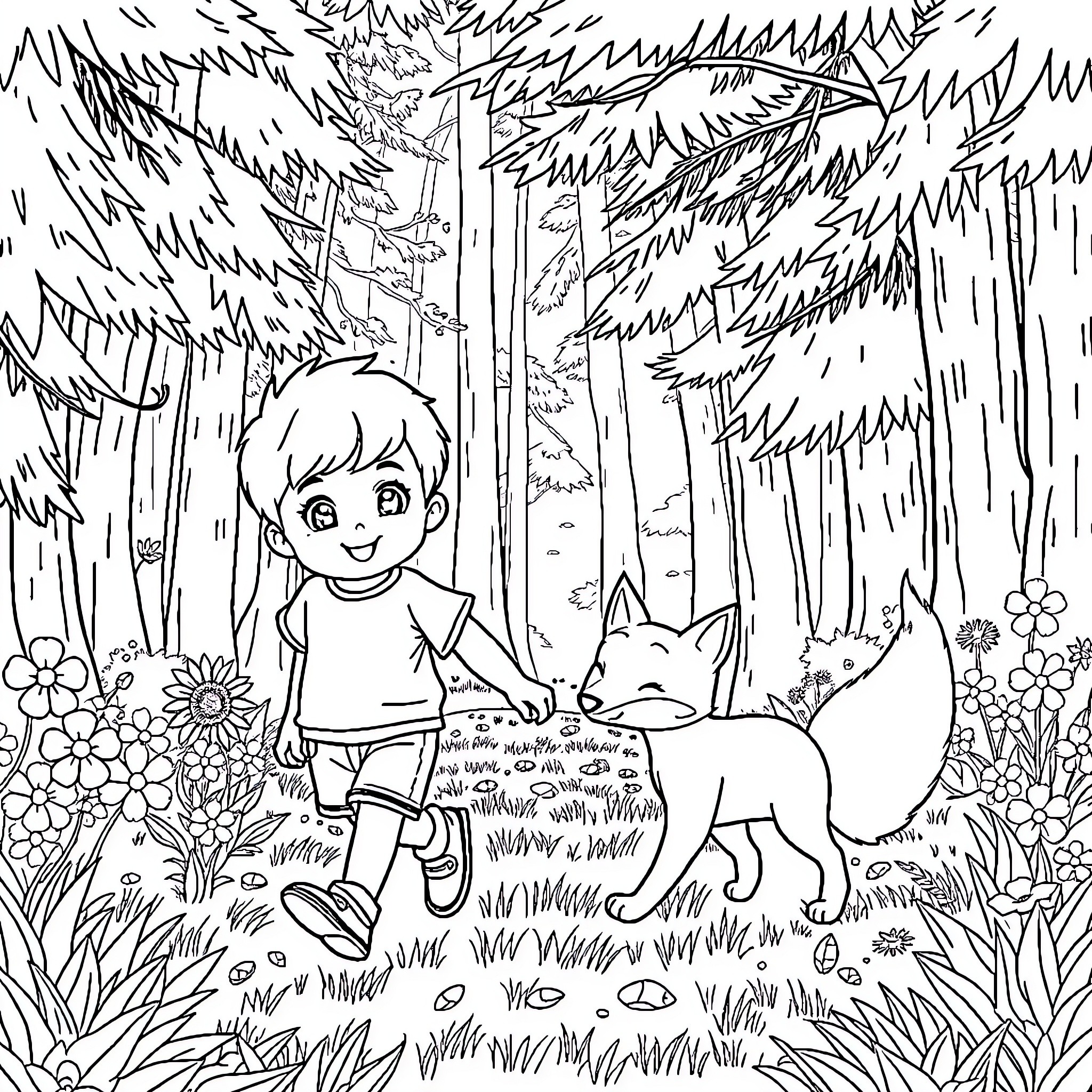 Child and their pet exploring the forest Coloring Page (free black-and-white line drawing printable PDF for all, from beginners to advanced learners, including children, teens, adults, and seniors)