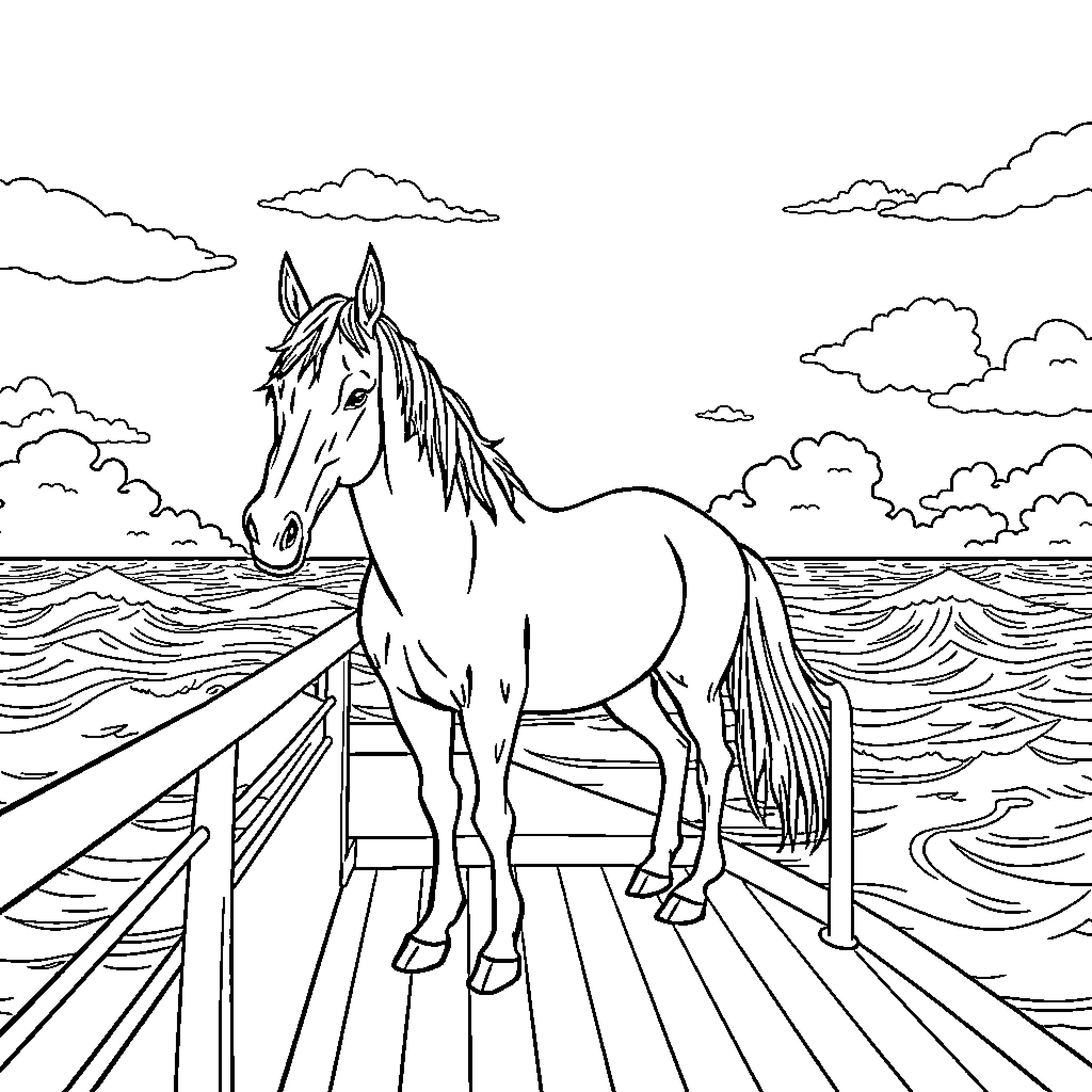 Horse standing on a wooden pier overlooking the sea Coloring Page (free black-and-white line drawing printable PDF for all, from beginners to advanced learners, including children, teens, adults, and seniors)
