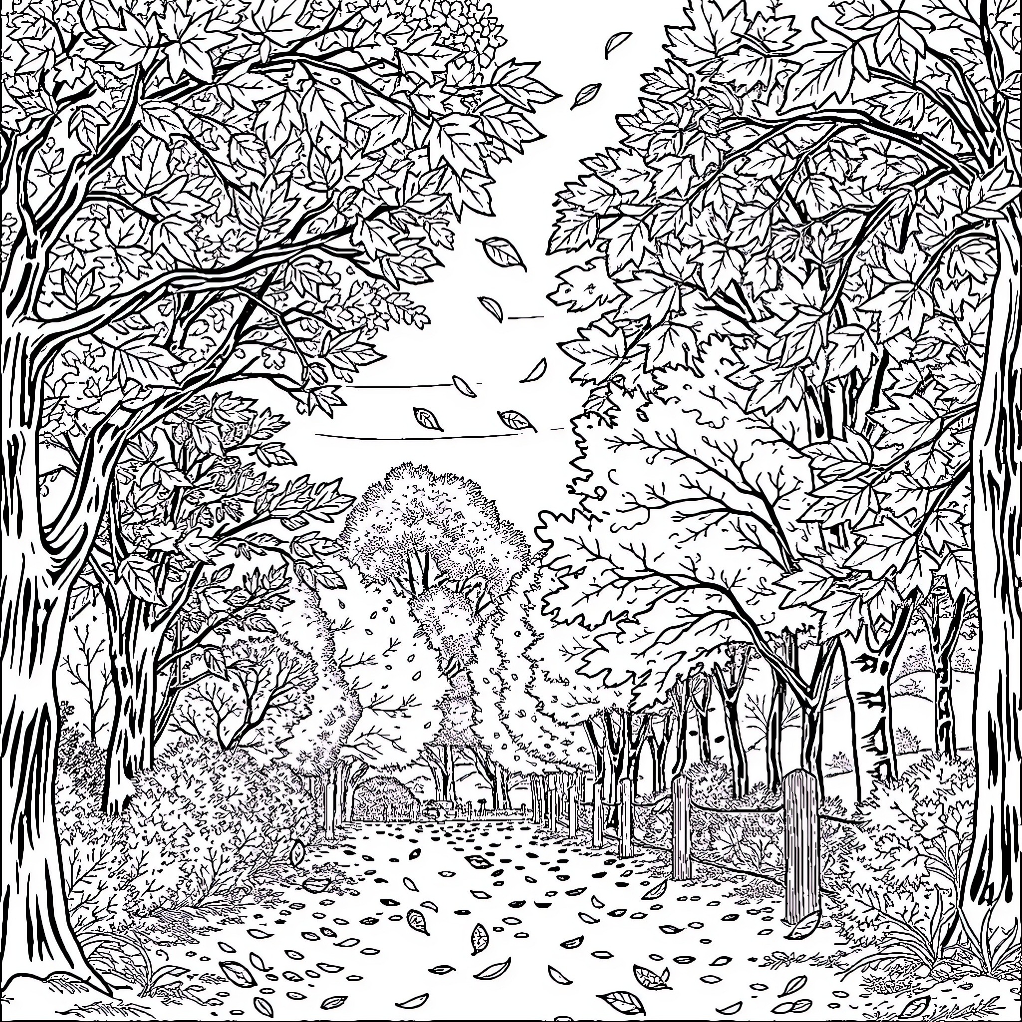 Autumn Wonderland: Nature's Enchanting Embrace Coloring Page (free black-and-white line drawing printable PDF for all, from beginners to advanced learners, including children, teens, adults, and seniors)