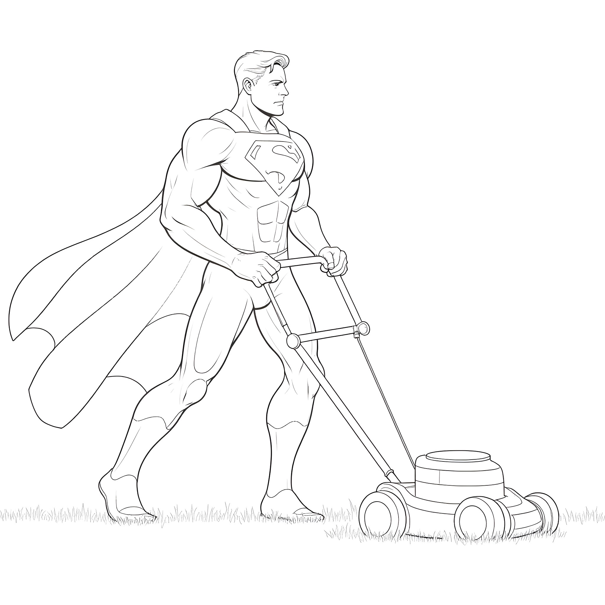 Superman mowing the lawn with determination Coloring Page (free black-and-white line drawing printable PDF for all, from beginners to advanced learners, including children, teens, adults, and seniors)