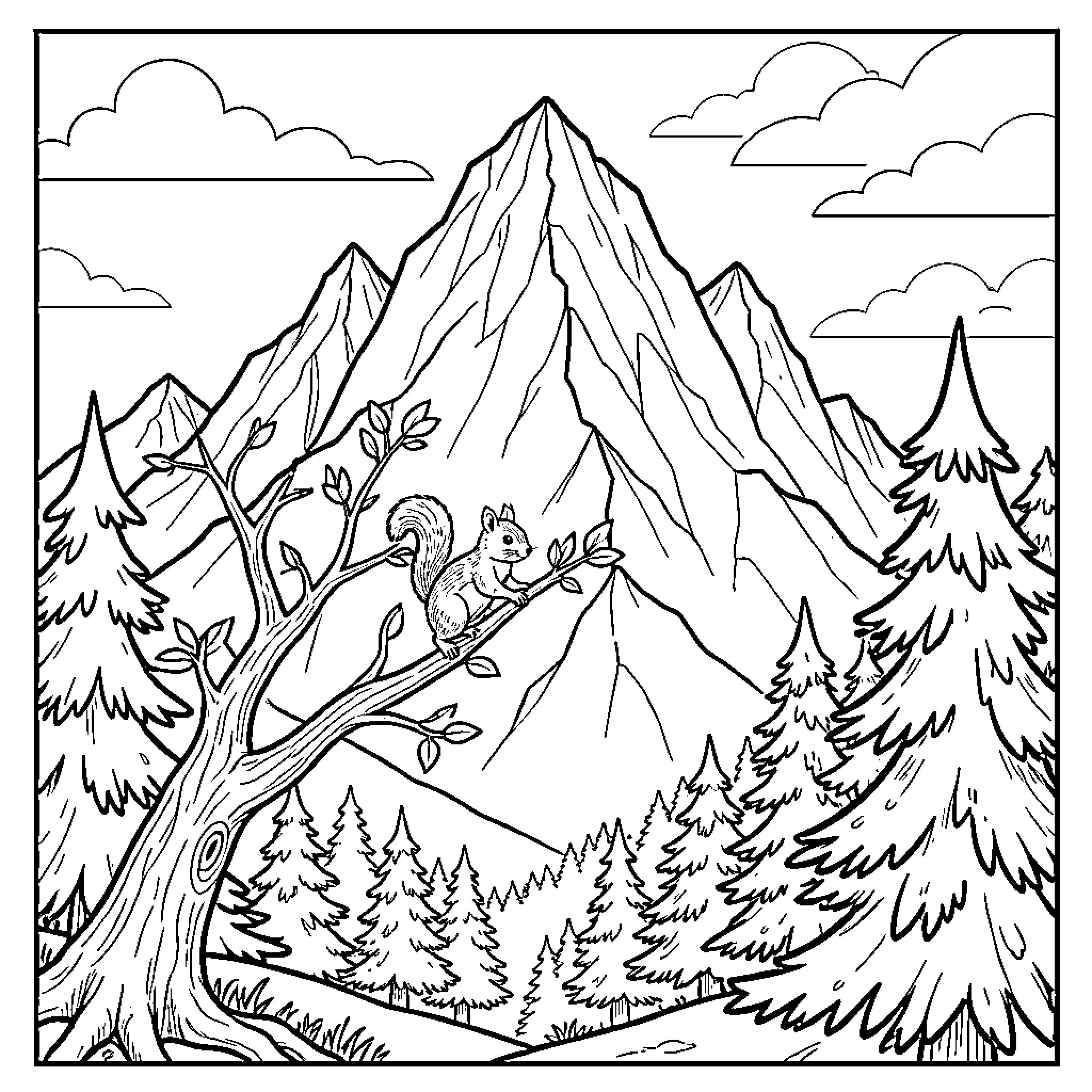 Squirrel sitting on a tree branch near mountains Coloring Page (free black-and-white line drawing printable PDF for all, from beginners to advanced learners, including children, teens, adults, and seniors)
