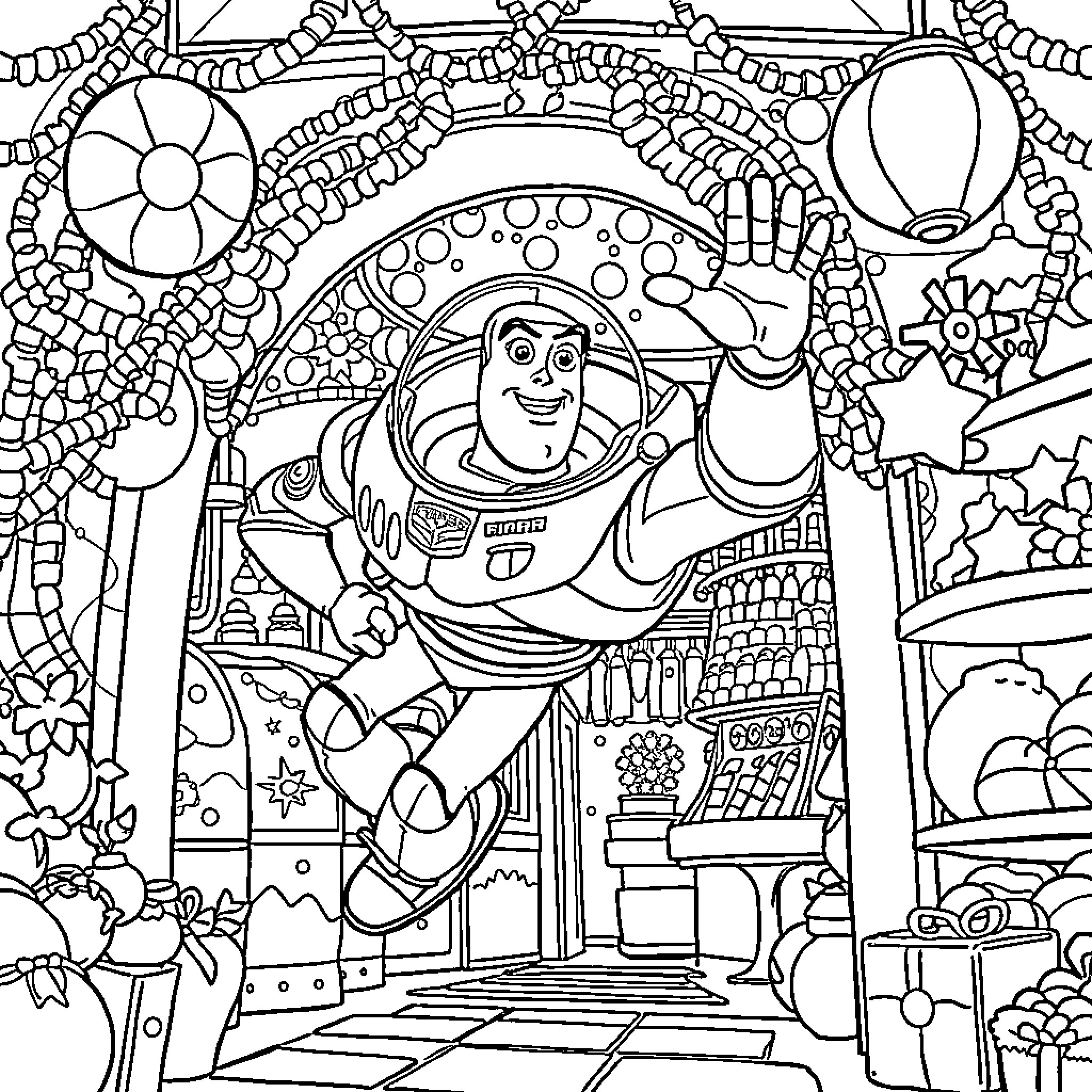 Buzz Lightyear in an Adventurous Intergalactic Exploration Coloring Page (free black-and-white line drawing printable PDF for all, from beginners to advanced learners, including children, teens, adults, and seniors)