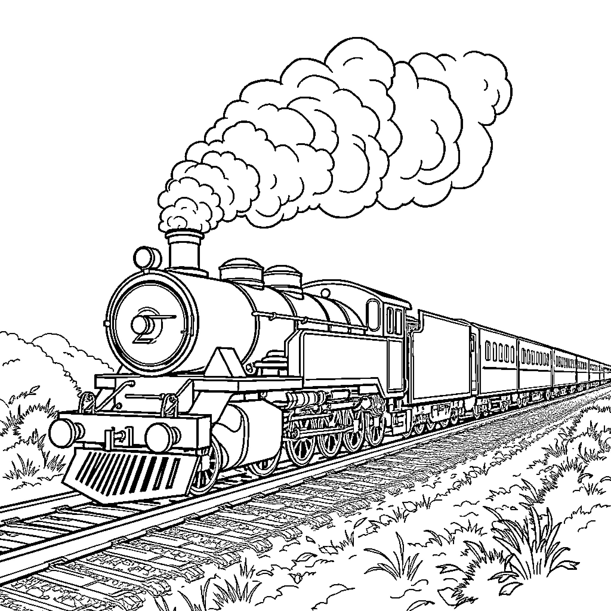 Steamtrain chugging through scenic landscape Coloring Page (free black-and-white line drawing printable PDF for all, from beginners to advanced learners, including children, teens, adults, and seniors)