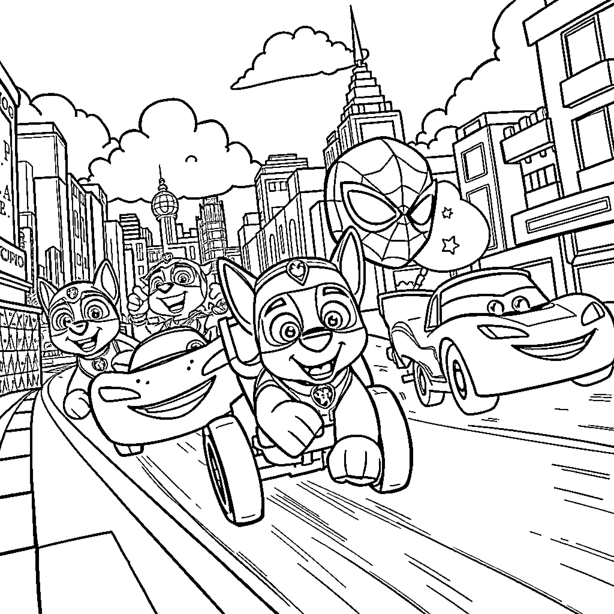 Paw Patrol characters exploring the city Coloring Page (free black-and-white line drawing printable PDF for all, from beginners to advanced learners, including children, teens, adults, and seniors)