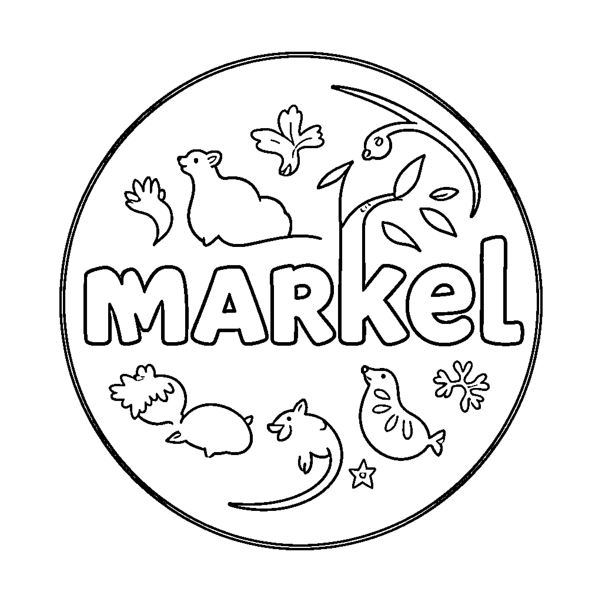 Markel featuring various small animals in a circle Coloring Page (free black-and-white line drawing printable PDF for all, from beginners to advanced learners, including children, teens, adults, and seniors)