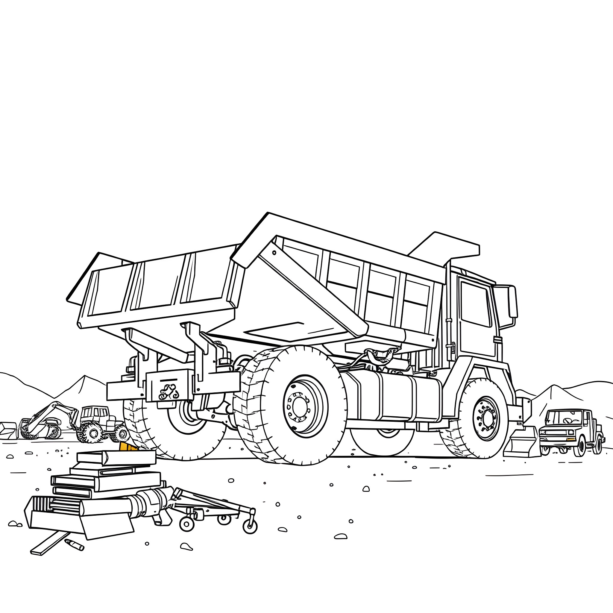 Dump Truck at Construction Site Coloring Page (free black-and-white line drawing printable PDF for all, from beginners to advanced learners, including children, teens, adults, and seniors)