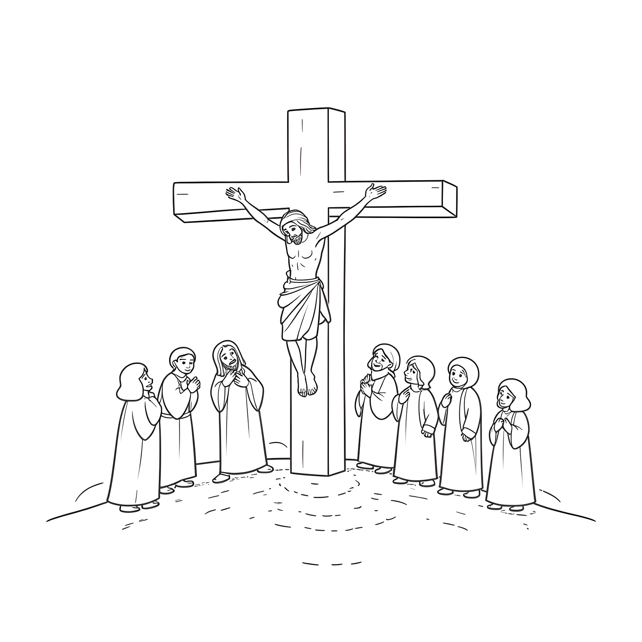 Crucifixion scene with religious figures Coloring Page (free black-and-white line drawing printable PDF for all, from beginners to advanced learners, including children, teens, adults, and seniors)