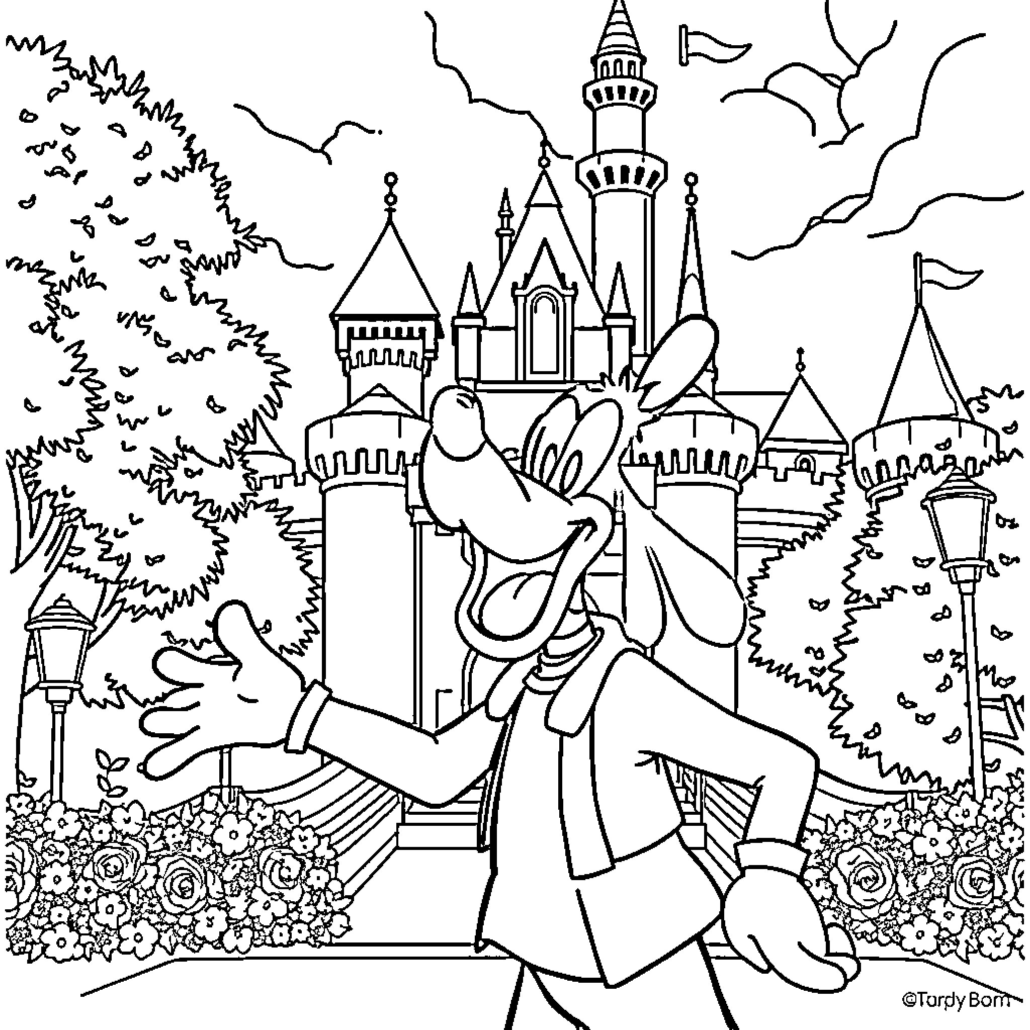 Goofy's Whimsical Adventure in a Magical Kingdom Coloring Page (free black-and-white line drawing printable PDF for all, from beginners to advanced learners, including children, teens, adults, and seniors)