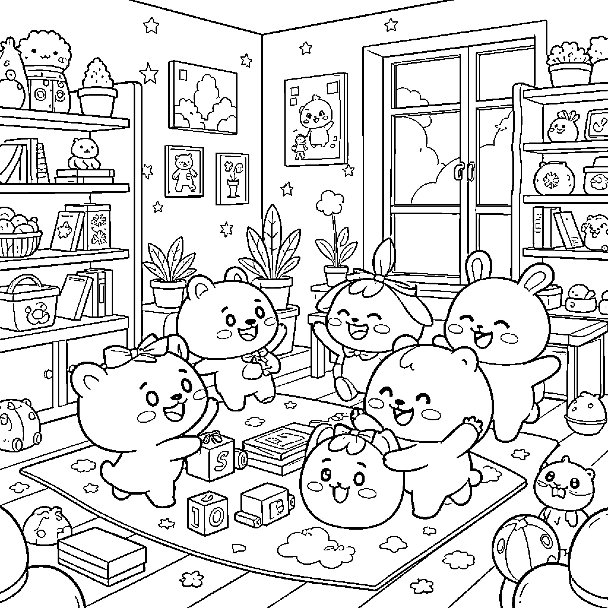 BT21 Characters Enjoying Cozy Indoor Scene Coloring Page (free black-and-white line drawing printable PDF for all, from beginners to advanced learners, including children, teens, adults, and seniors)